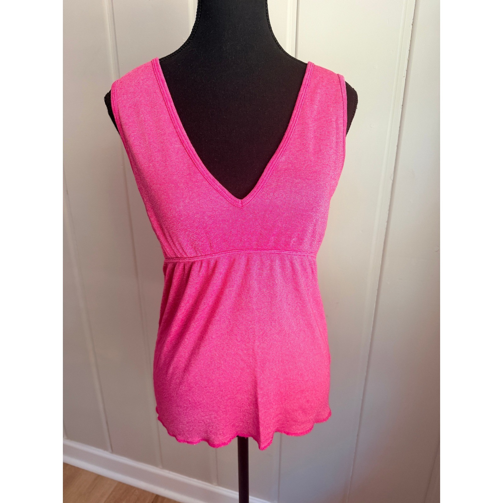 Vintage Michael Stars Hot Pink Empire Waist Tank Top V-Neck Ribbed Knit OS