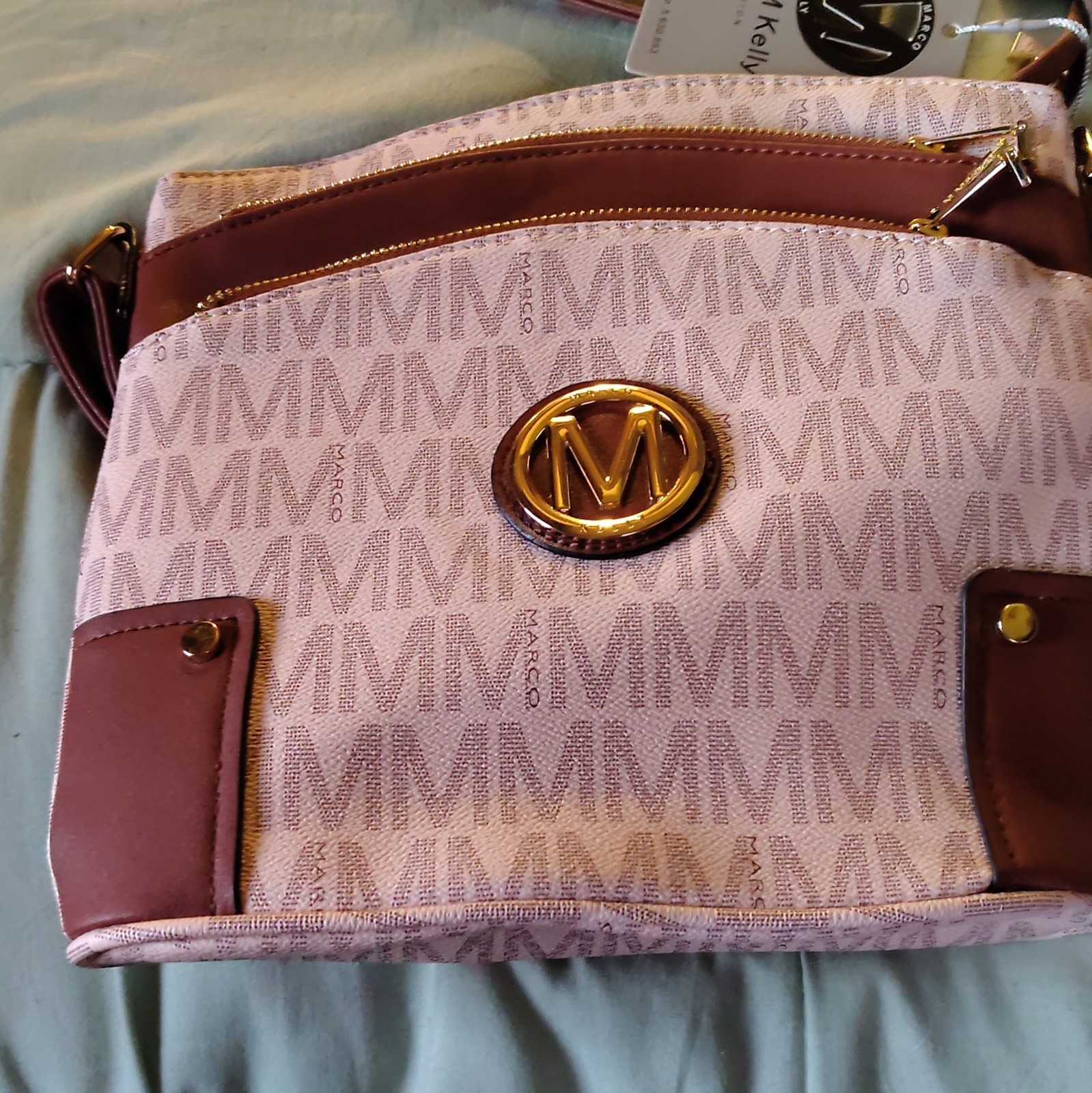 M Marco Beige Logo Shoulder Bag Brown Trim Gold Hardware Zip Detachable Strap