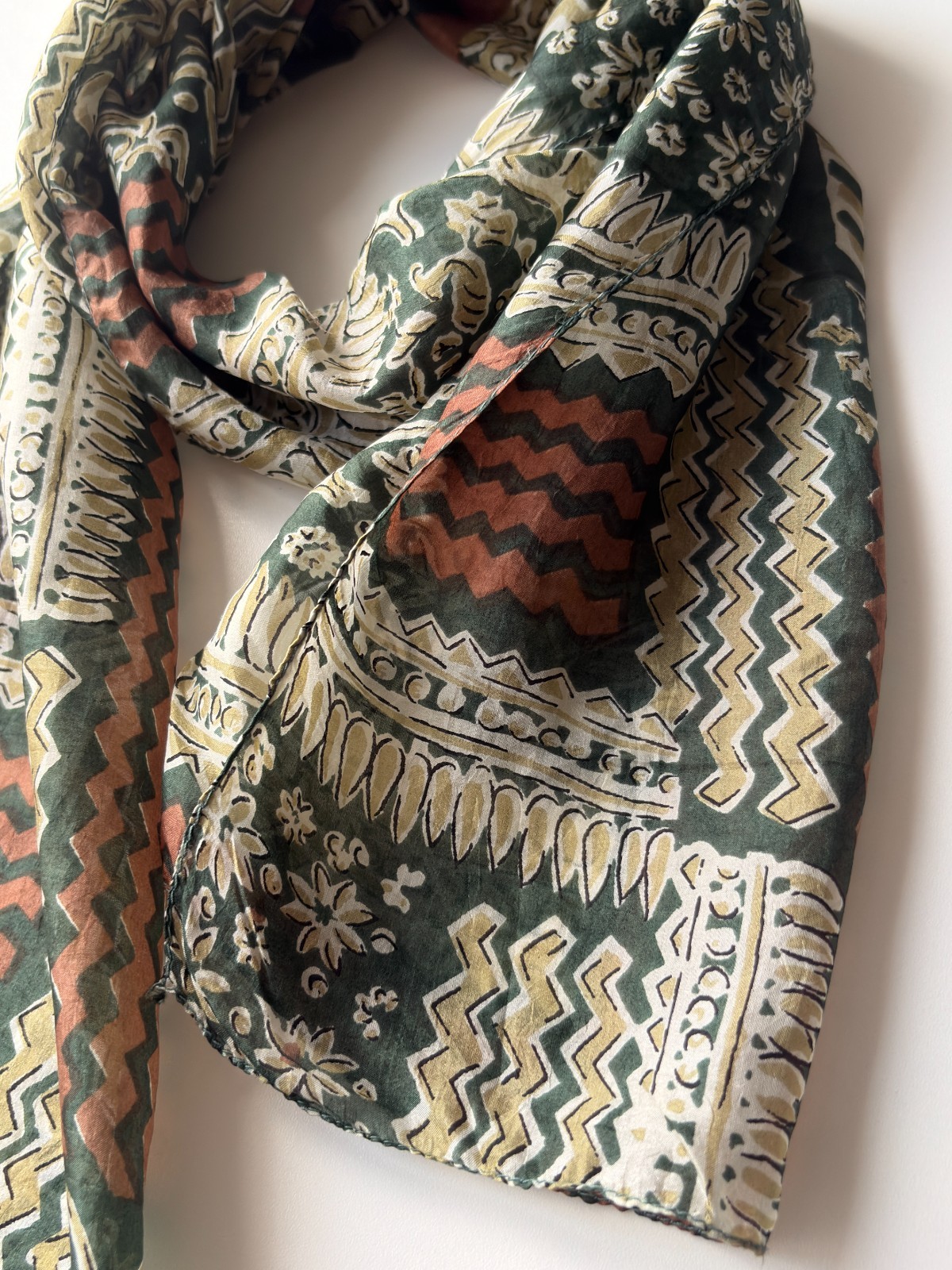 Vintage Silk Scarf Green Abstract Boho Ethnic Floral Designer Luxury Wrap, 34