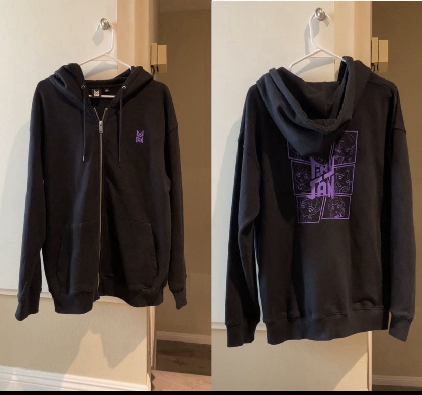TinyTAN BTS Black Zip Up Hoodie with purple graphic, Unisex, Size L
