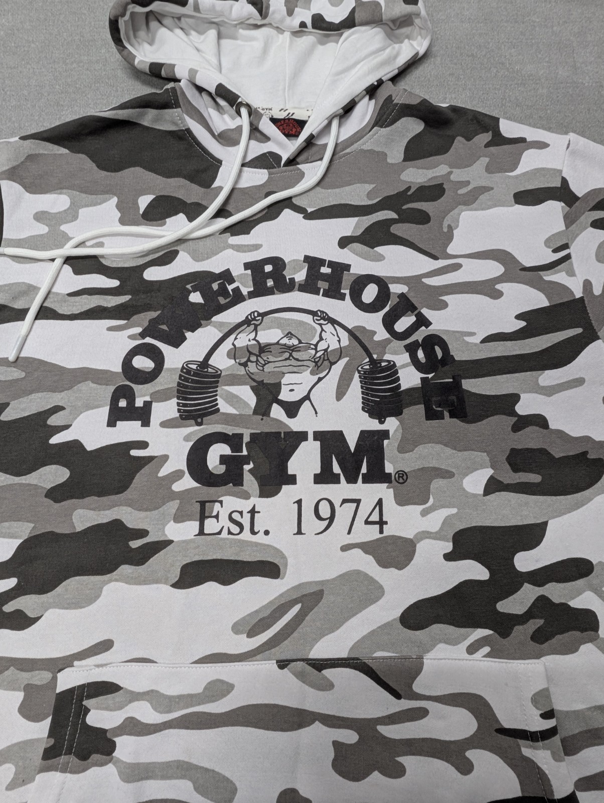 Powerhouse Gym Est 1974 Gray Camo Pullover Hoodie Sweatshirt XL 60/40 Cotton