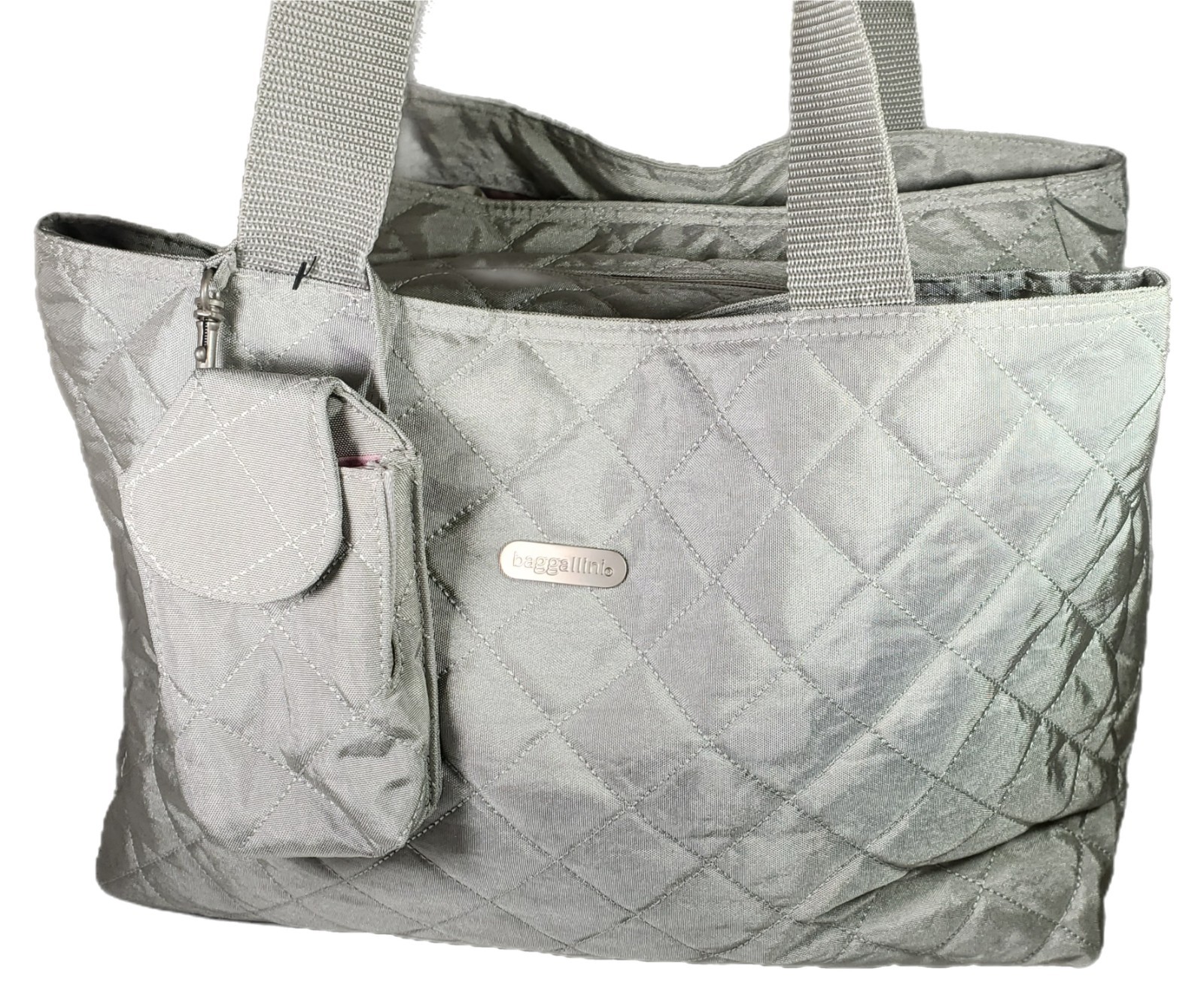 Baggallini Large Quilted Silver & Pink 3 Compartments Tote Travel Bag Purse New