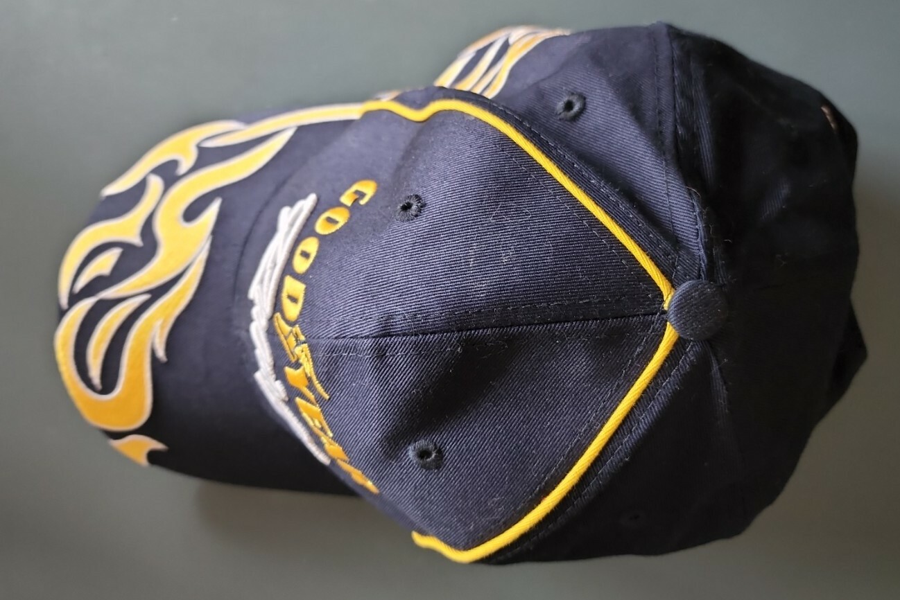Good Year #1 Racing Adult Adjustable Strapback Cap Navy Blue Yellow Flames NWOT