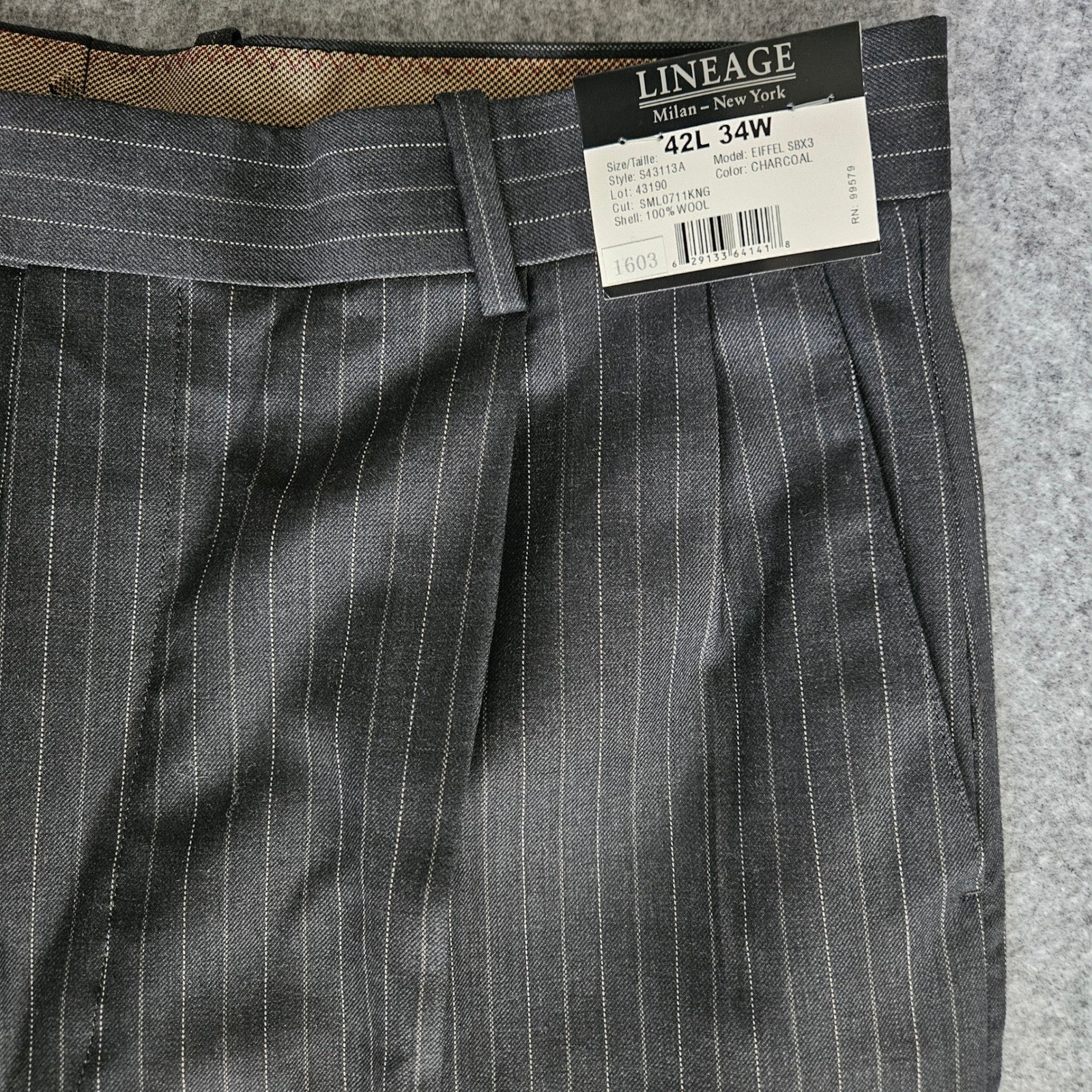 Lineage Mens Charcoal Pinstripe 2-Piece Suit 42L 34×35 Super 110s Merino Wool