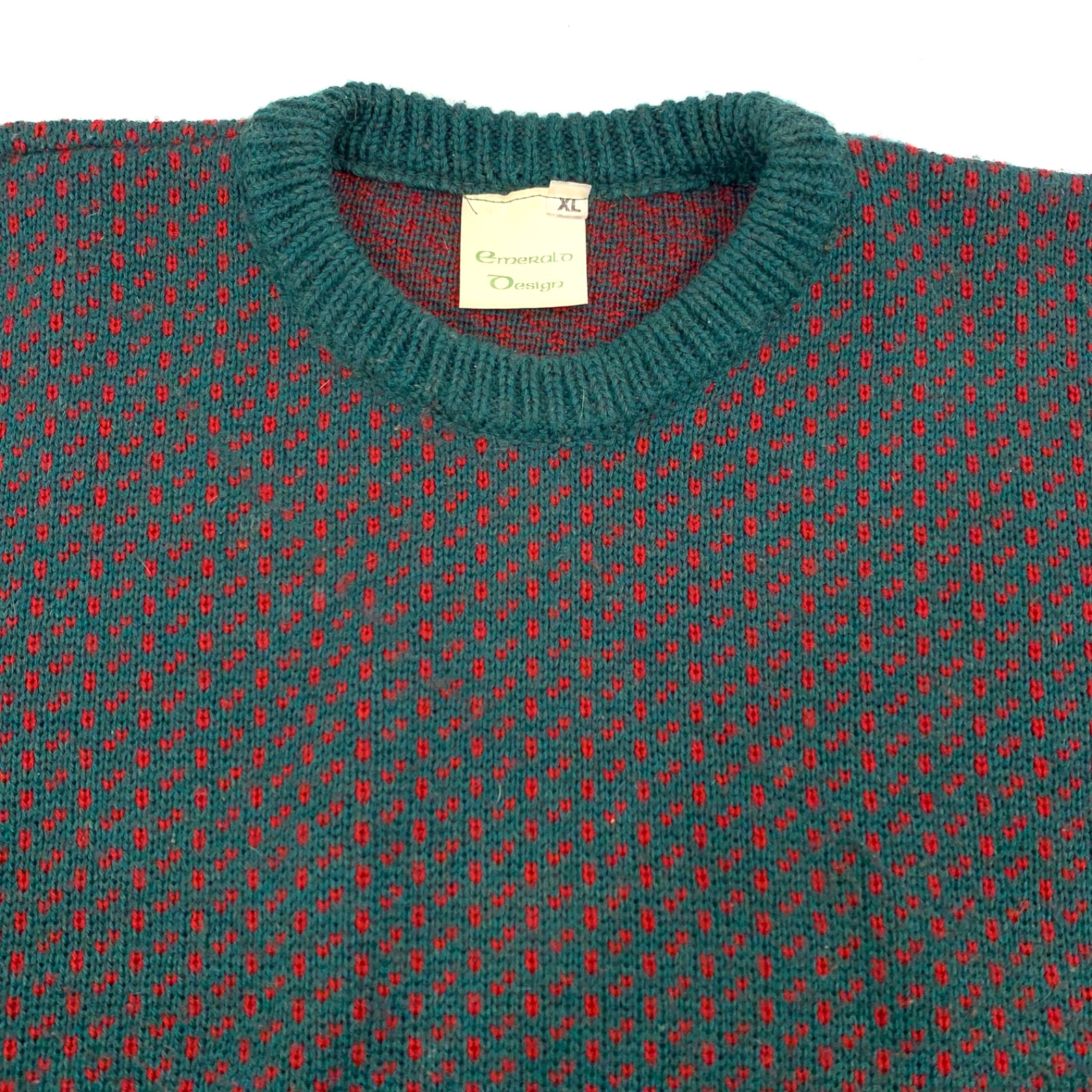 Vintage Emerald Design Knit Jumper XL Mens Green Red Heavy Weight Knit Ireland