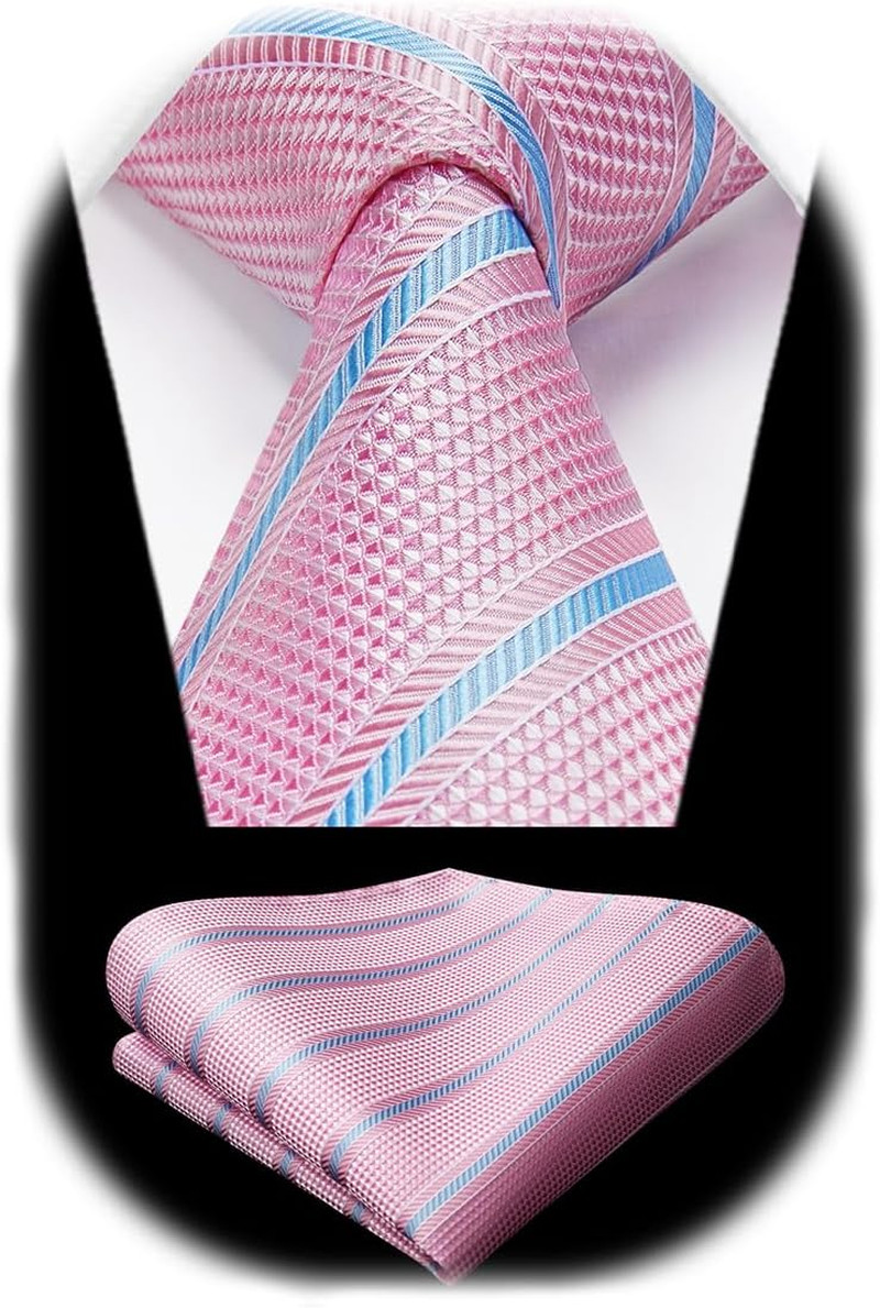 Stripe Tie Mens Ties with Pocket Square Set Classic 3.4” Silk Formal Necktie Ha