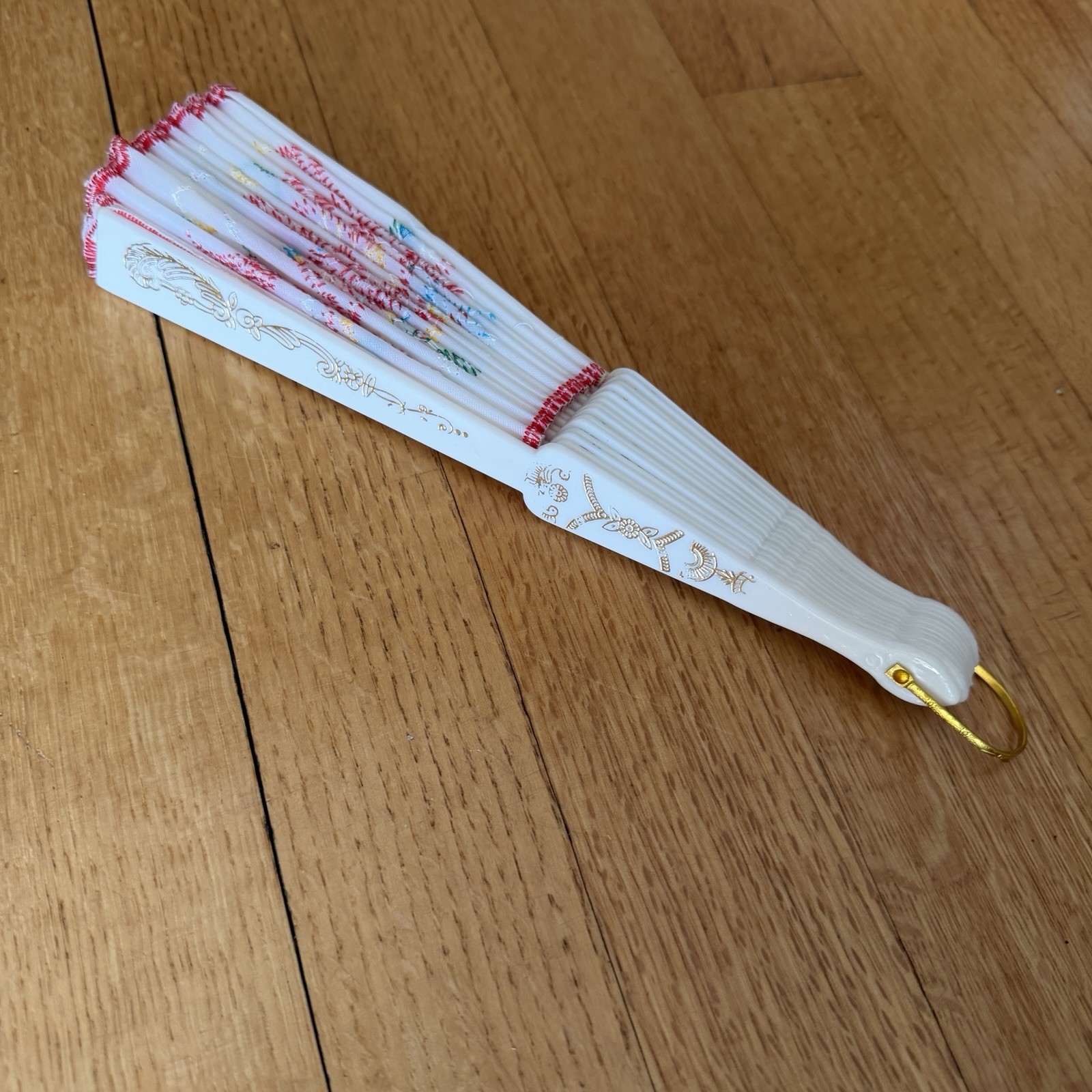 Accordion Fan Fold Out Floral Rose Pastel Fabric Embroidered Plastic Replica
