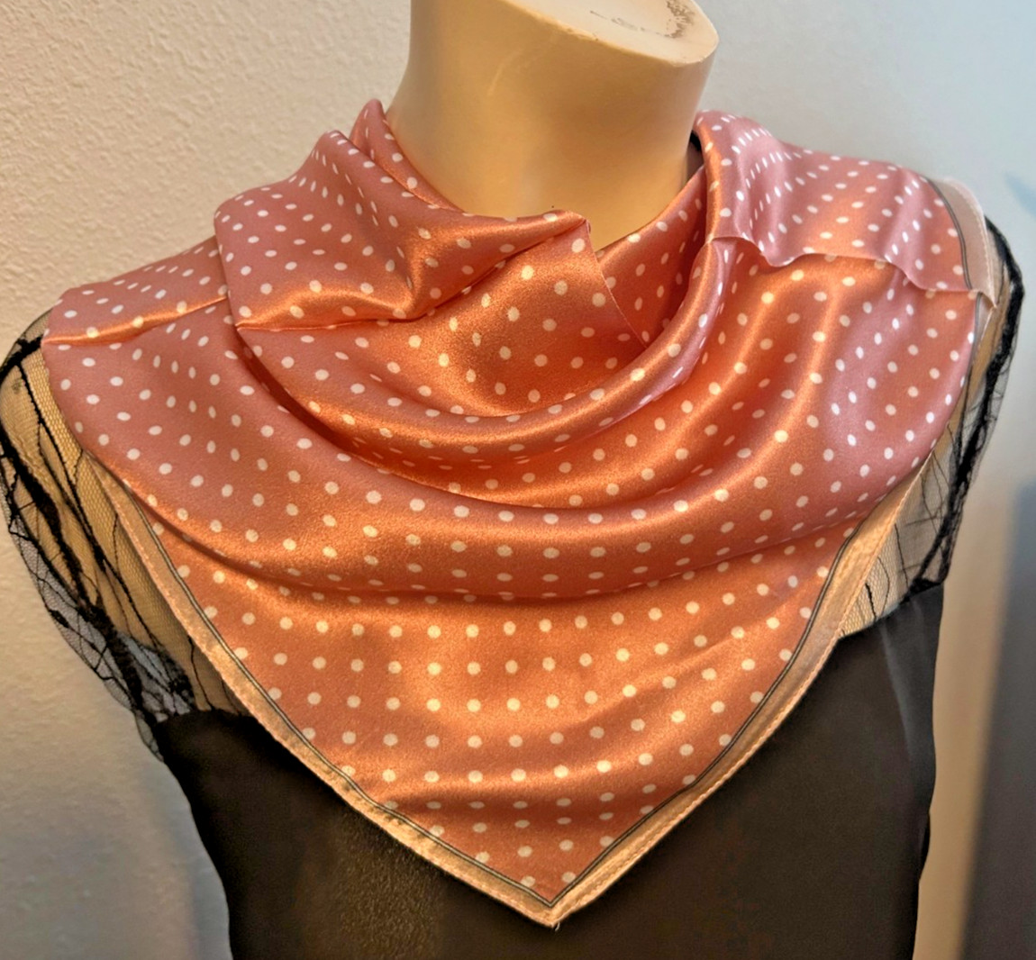 NEW 20 x 21 In. Sq. Med. Deep Pink, White Polka dots 100% Silk Pat.- SS 1050