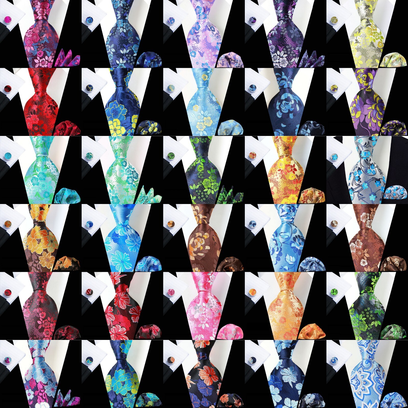 New Classic Floral Blue Red Jacquard Silk Men’s Tie Necktie Hanky Cufflink Set