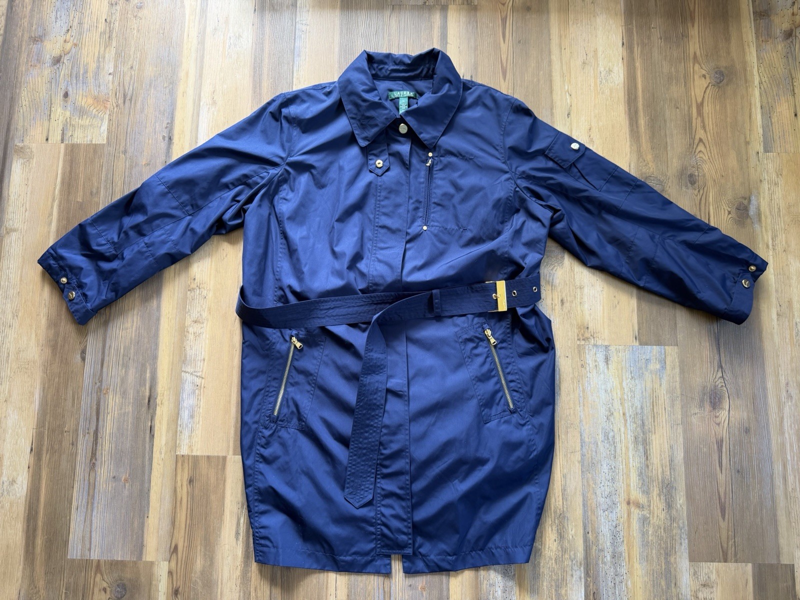 Lauren Ralph Lauren Women’s Blue Belted Trench Coat 1X Mid-Length Zip/Button