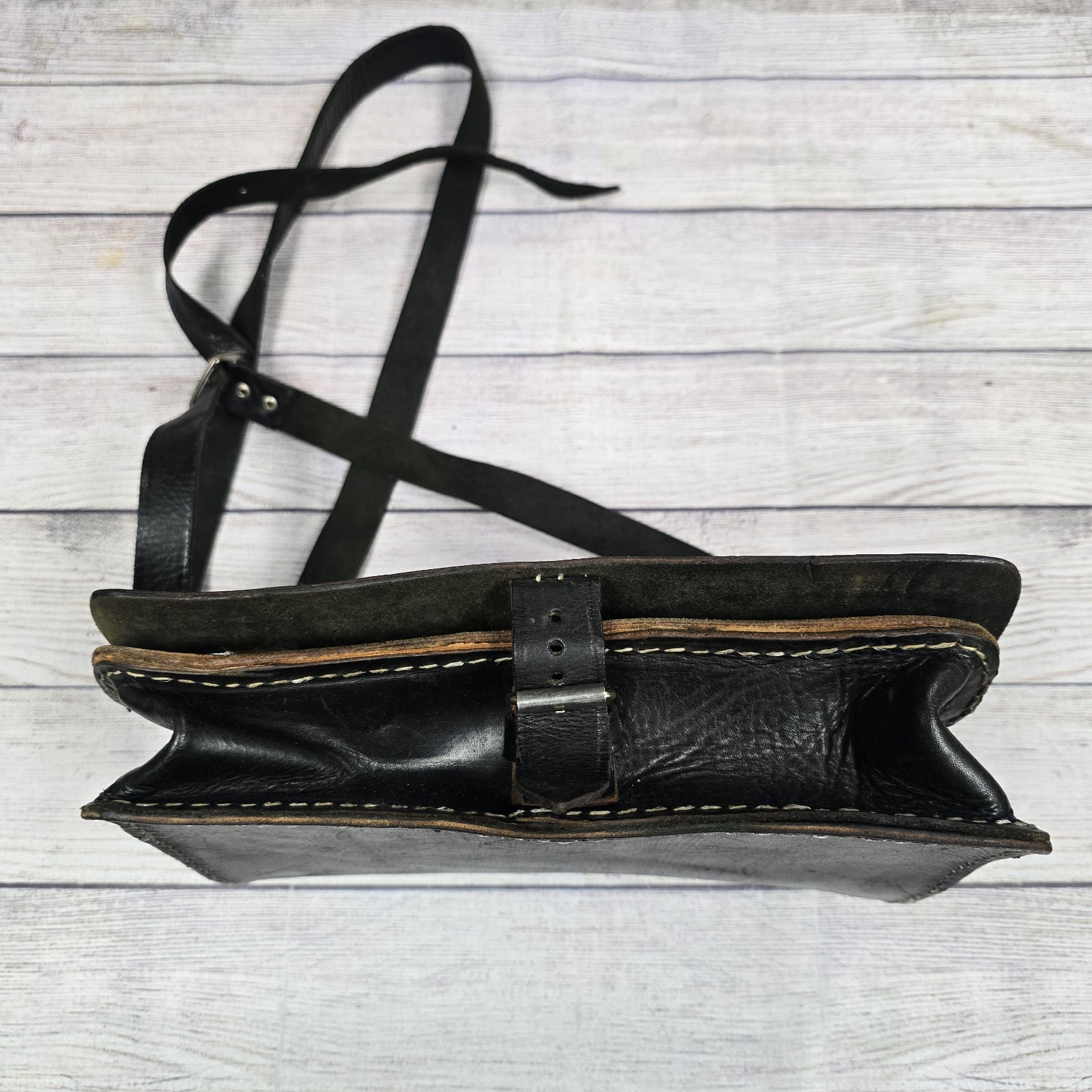 Embossed Tooled Leather Crossbody Bag Floral Flap Closure Black Handmade Boho