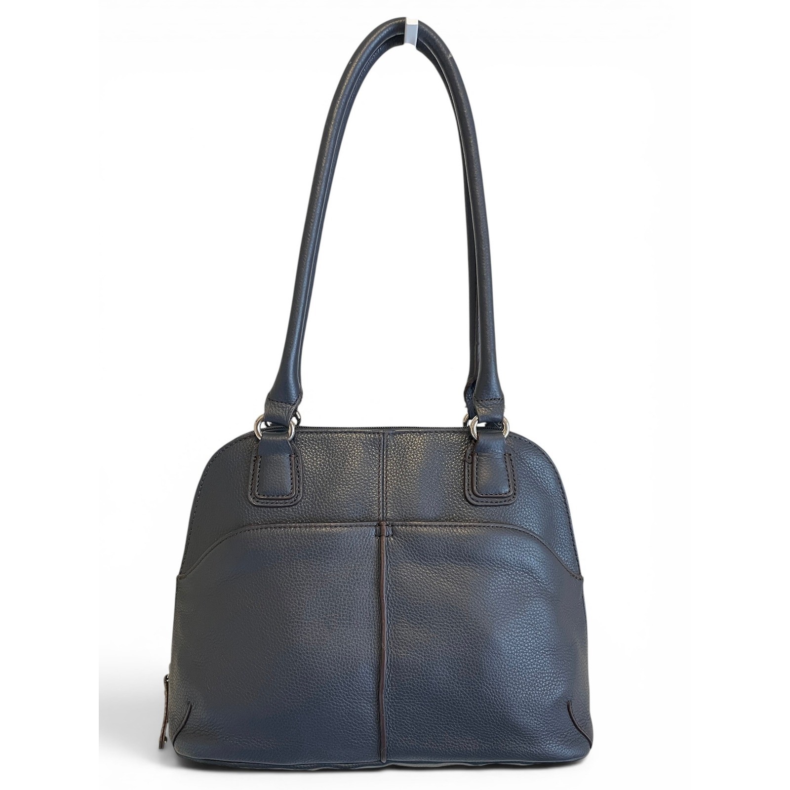 Tignanello Navy Pebbled Leather Domed Satchel Purse Built-In Wallet Mirror Tag