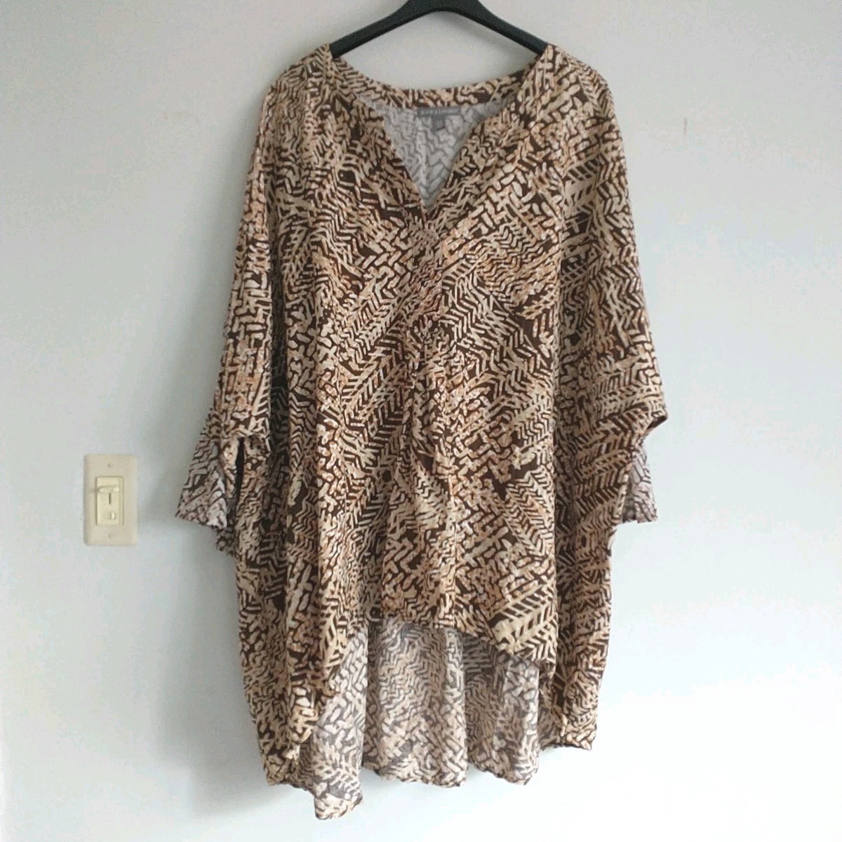 Jessica London Shirt Tunic Blouse Womens 36W Brown Geometric Linen Blend Highlow