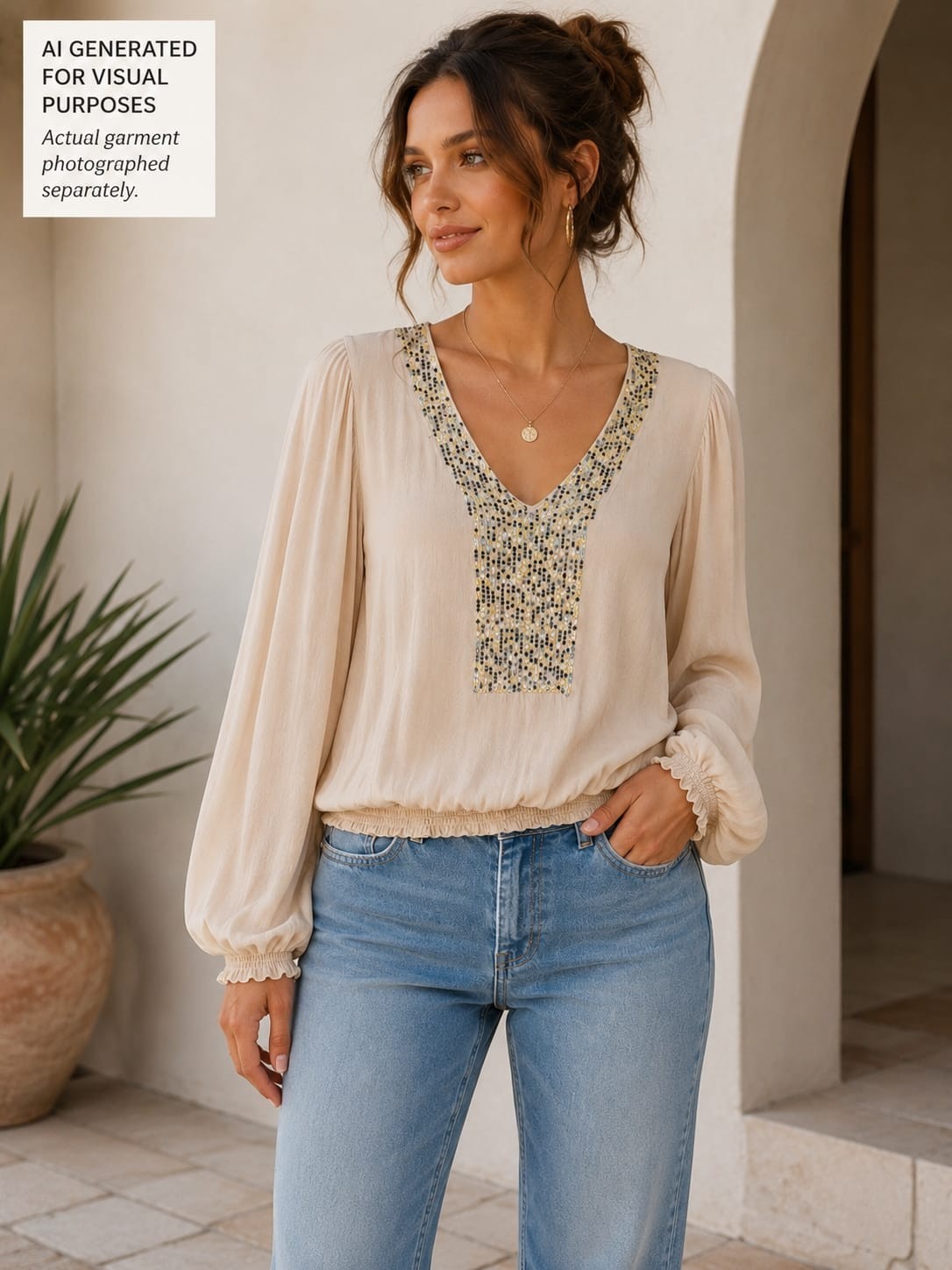 Maeve Beige Sequin V-Neck Balloon Long Sleeve Woven. boho. Blouse Top Size M