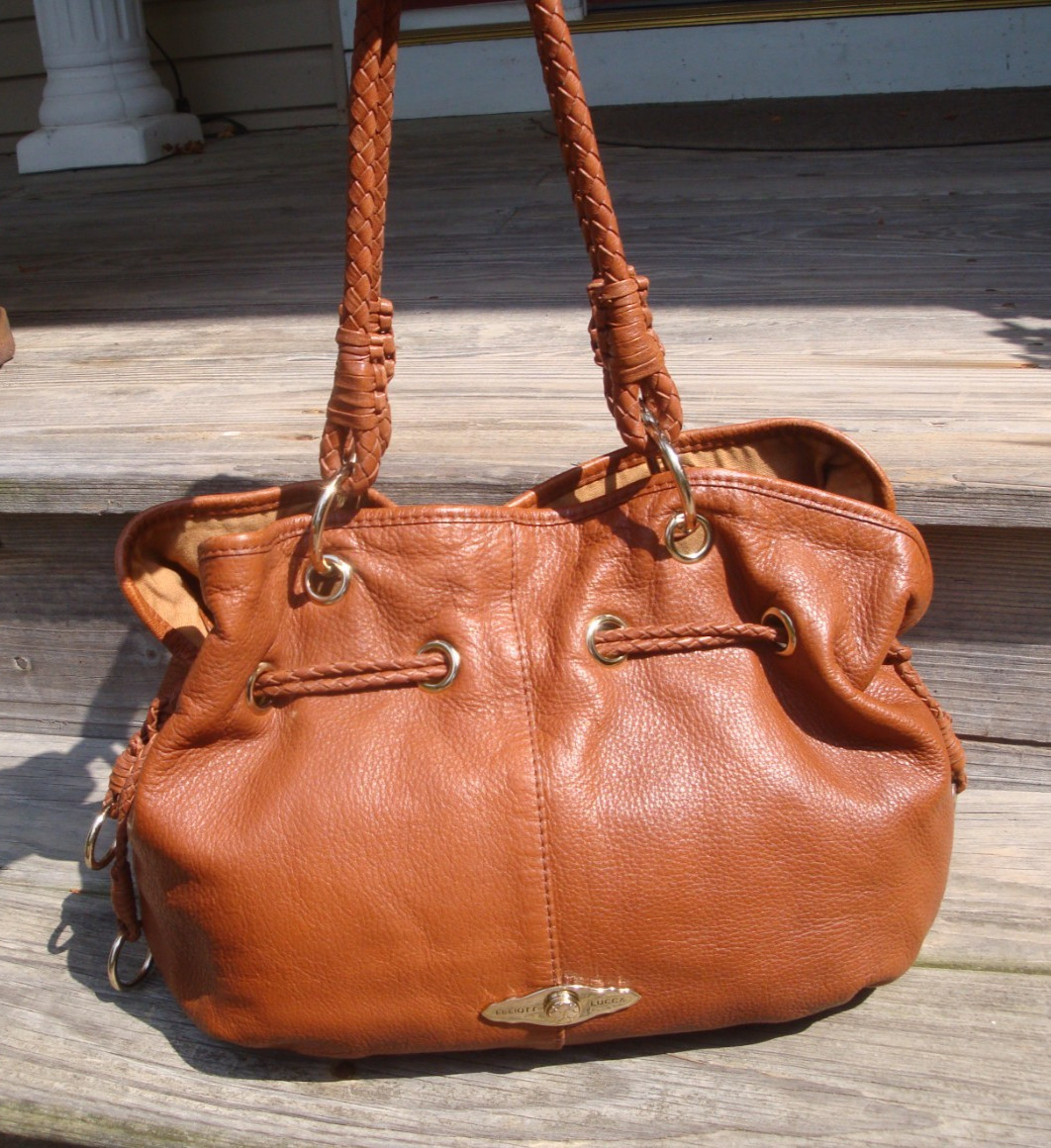 ELLIOTT LUCCA Brown Leather Tote Satchel Handbag Shoulder Hobo Large Drawstring