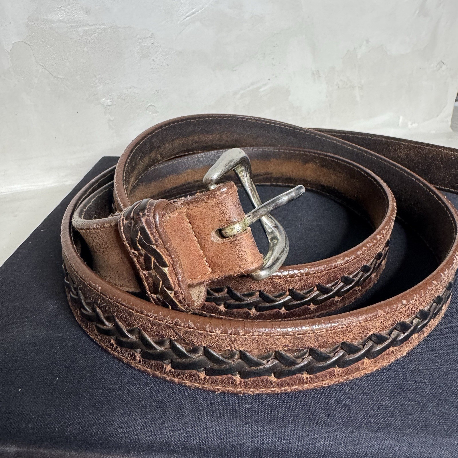 Vtg Cole Haan Braided Leather Belt Men’s 46 Made in USA Brown Woven Brass 1”