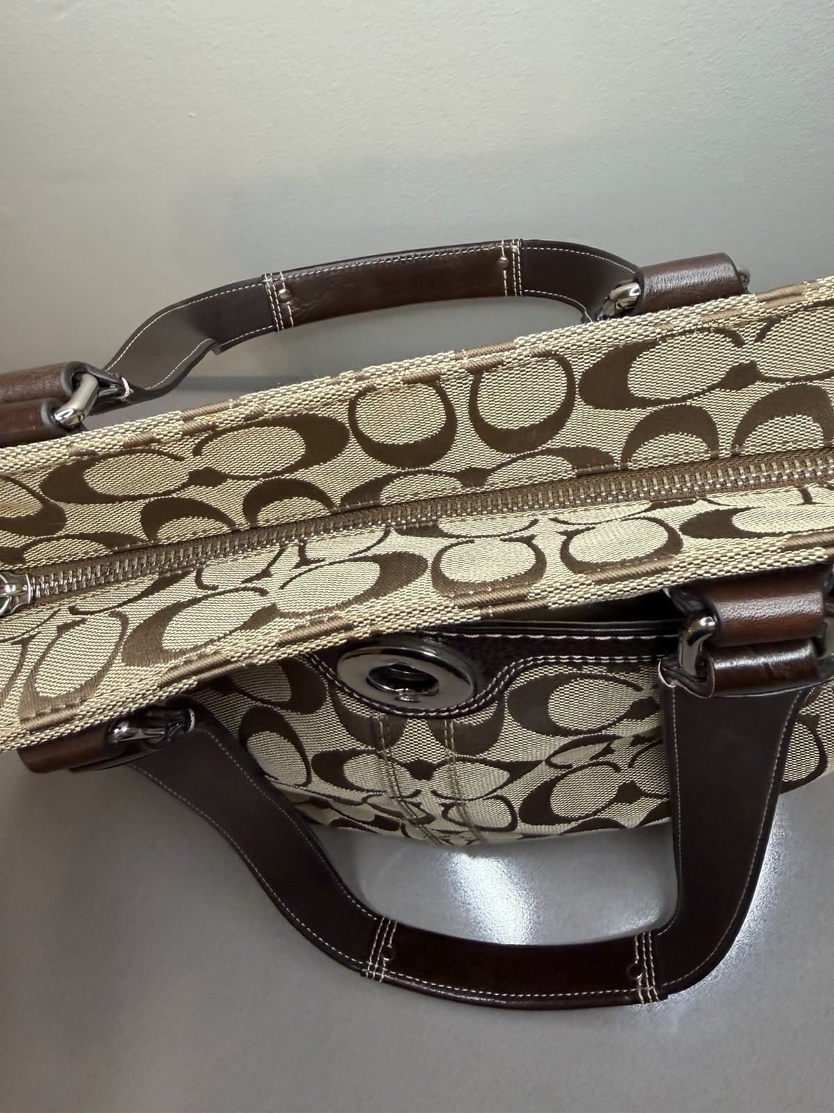 Coach Signature Monogram Brown/Beige Medium Tote Zip Top, Inner Pockets
