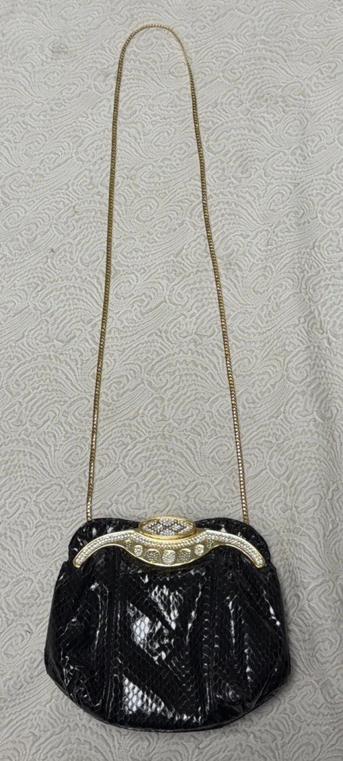 Vintage Embossed Glossy Black Snakeskin Clear Pavé-Set Crystals Jeweled Purse