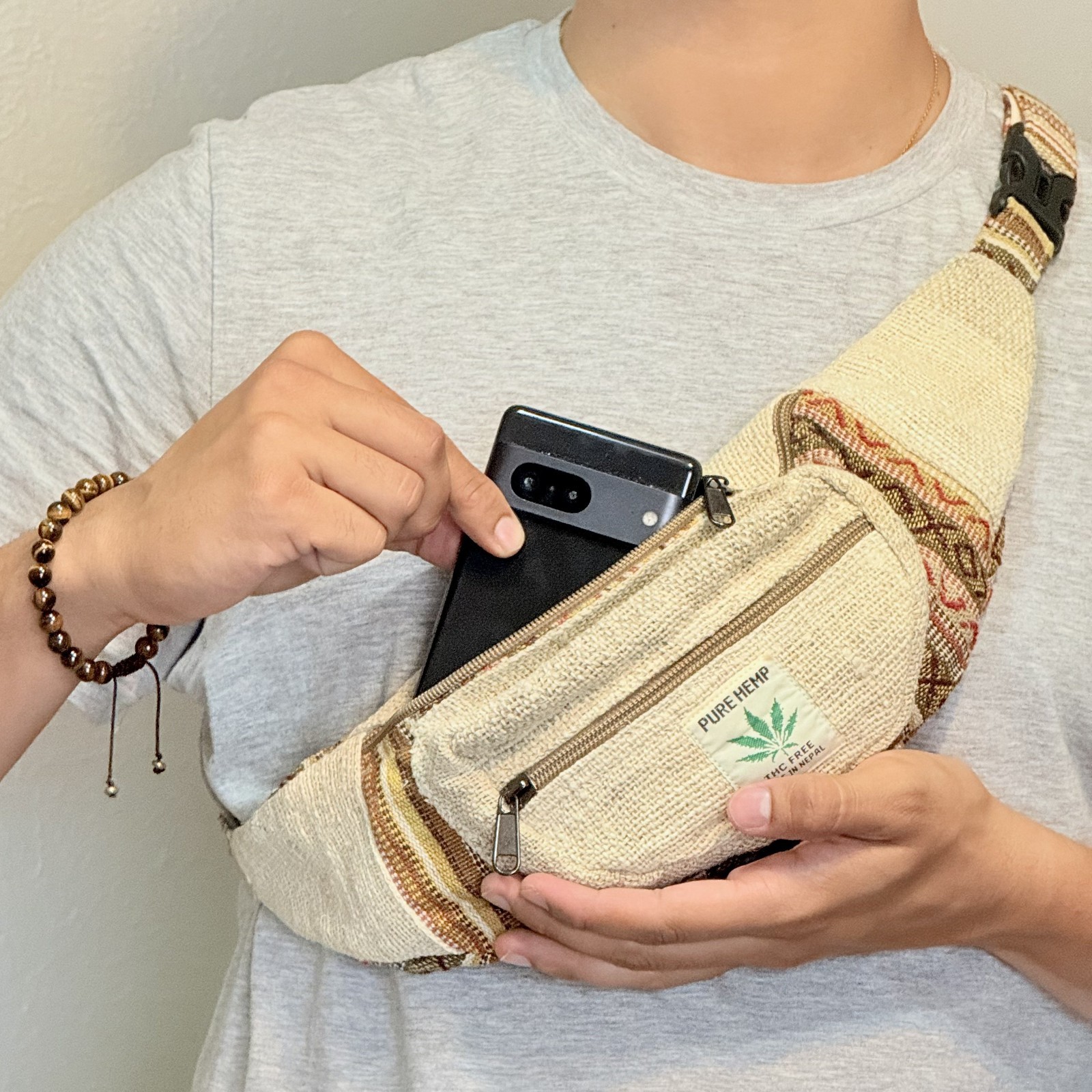 Hippie Boho Hemp Fanny Pack Travel Waist Bum Bag Handmade Hemp crossbody Bag