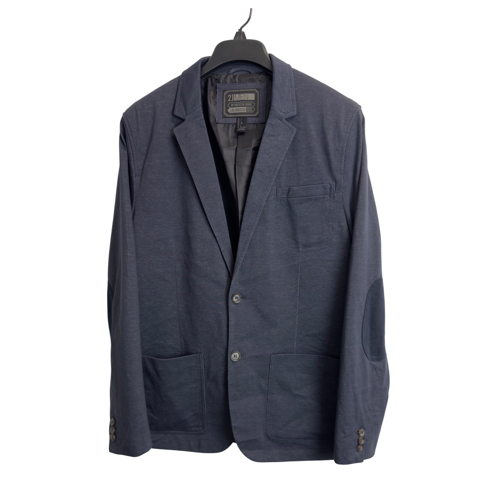 21Men Mens Navy Blue Knit Blazer Jacket Elbow Patches Size Large Two Button