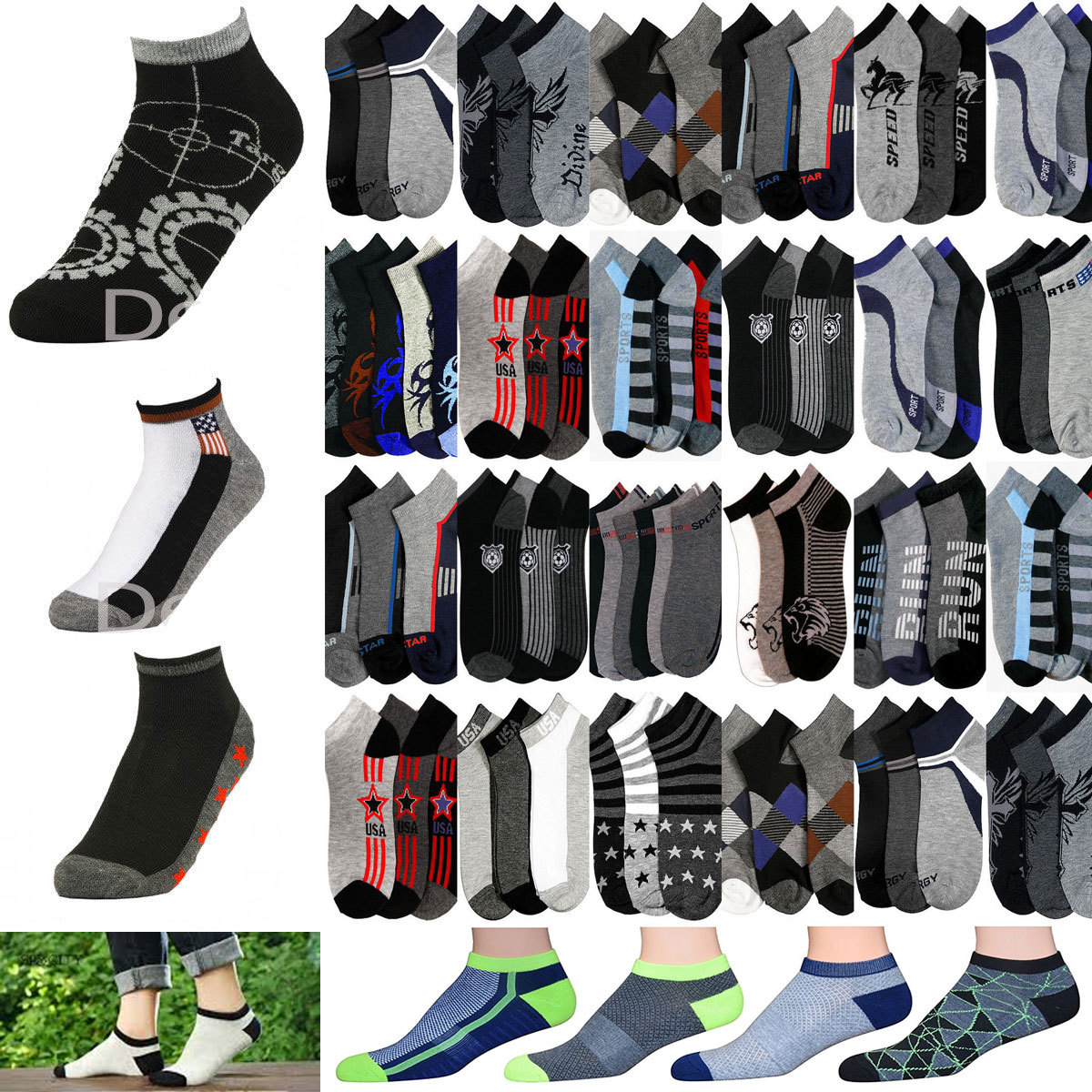 12 Pairs Men’s Mixed Assorted Designs Color Ankle Low Cut Soft Stretchy Socks