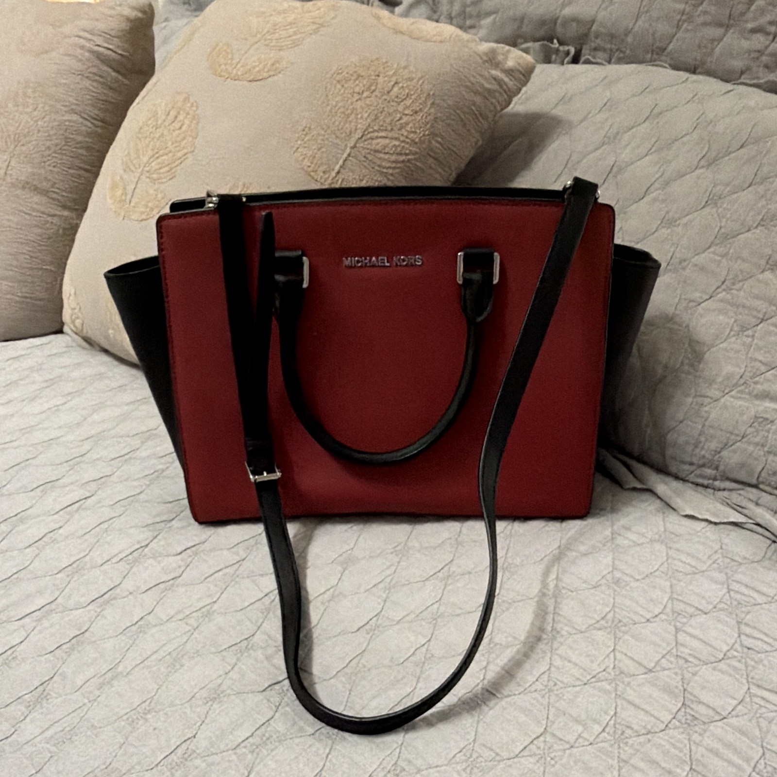 Michael Kors Red/Black Satchel Top Handle Zip Detachable Strap Silver Hardware