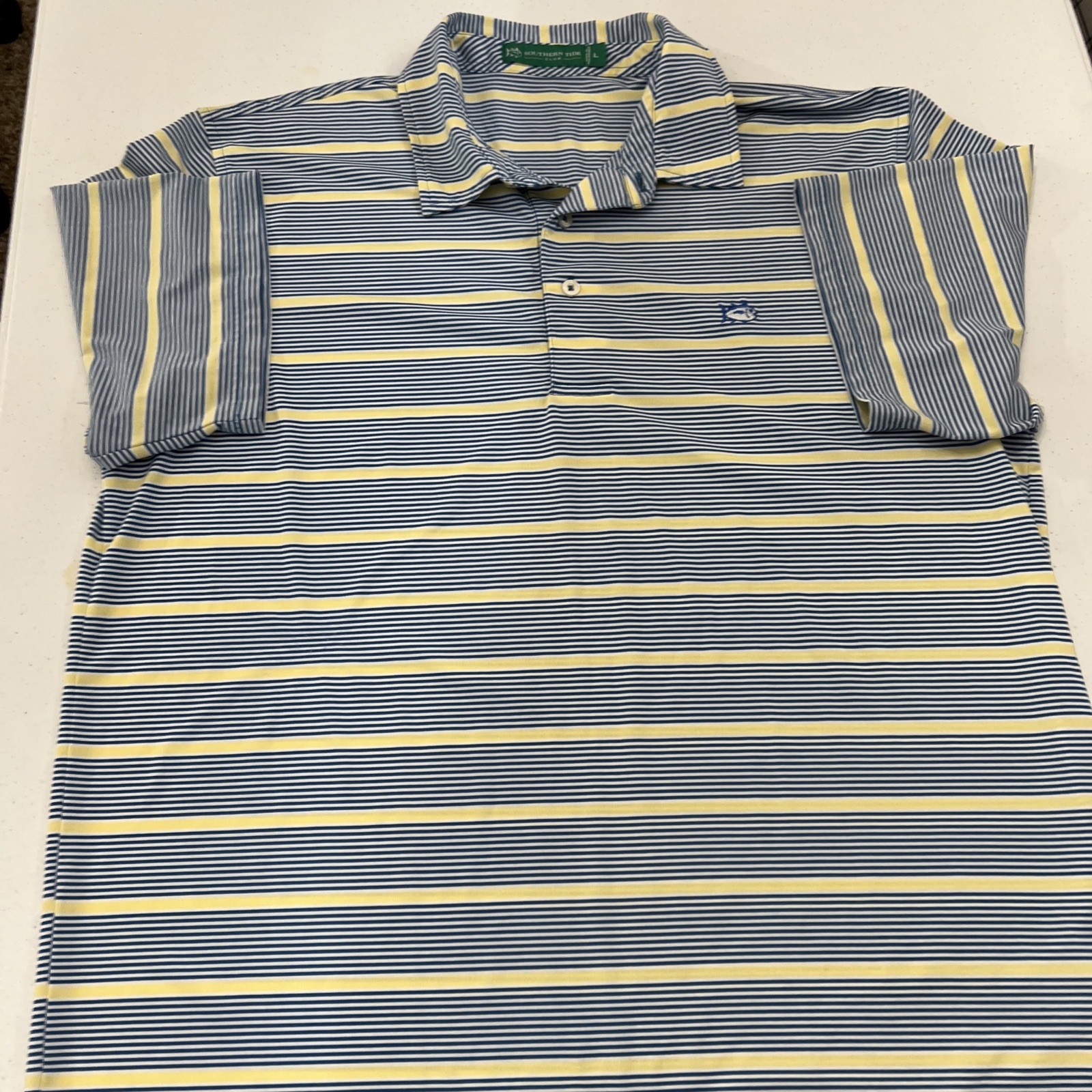 Southern Tide Shirt Men’s Large Club Polo Golf Performance Stripe Blue Yellow