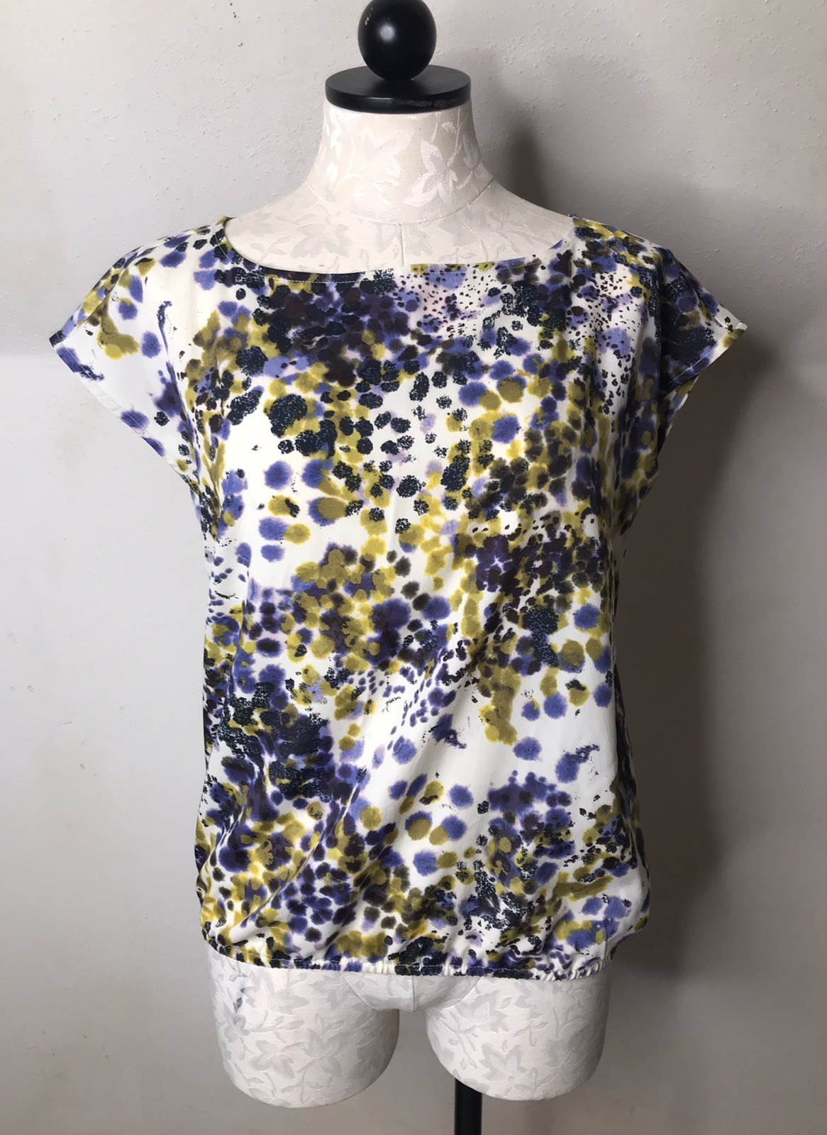 Loft Splotch Dot Splatter Green Purple Pullover Cap Sleeve Blouse Shirt Size SP