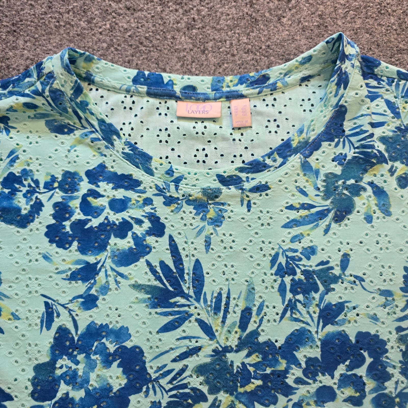Logo Lori Goldstein Top Womens 3X Green Blue Floral Eyelet Lace Stretch Casual