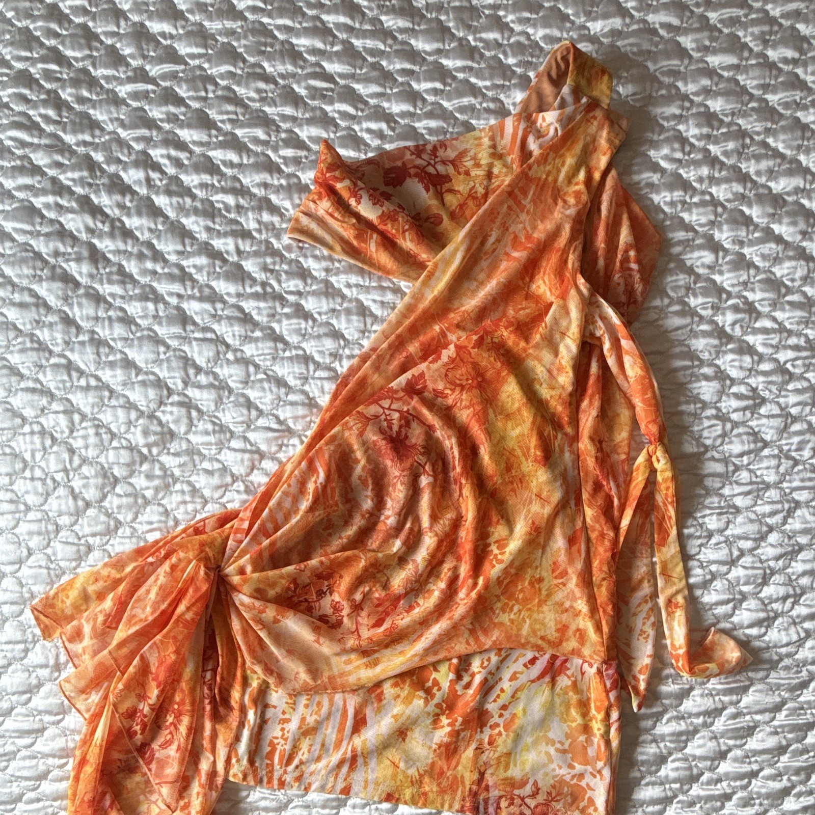 Outcast Cailie Mini Dress S Orange/Beige Floral One Shoulder Cut-Out Draped