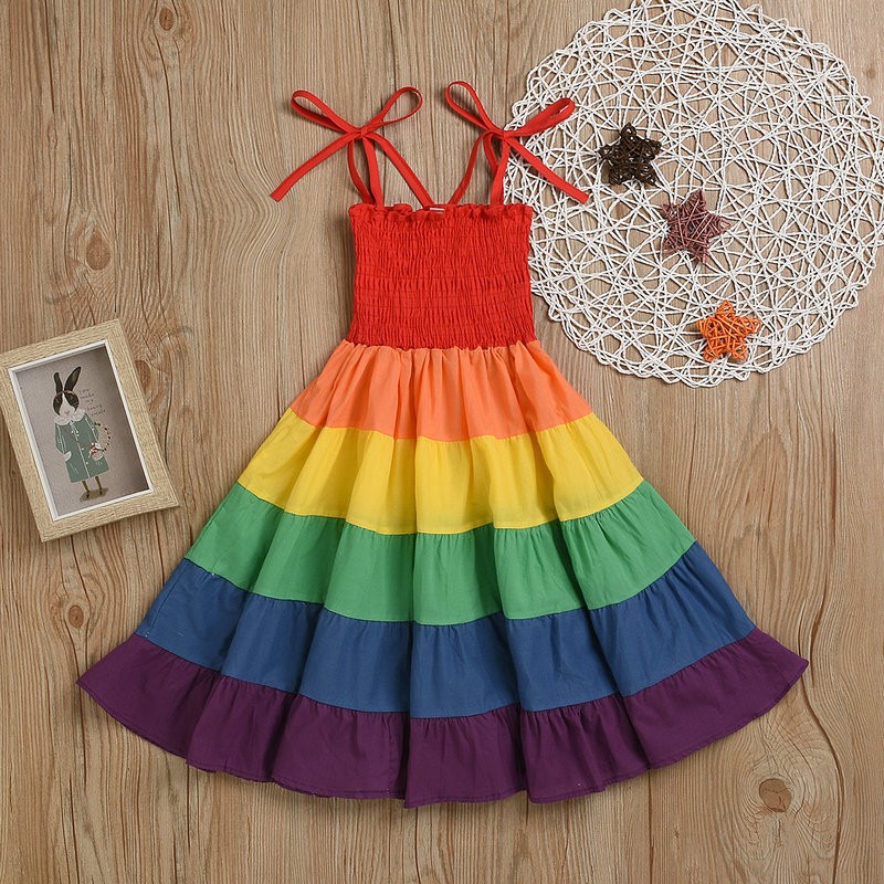 Kids Baby Girls Strap Rainbow Dress Wedding Birthday Party Travel Beach Dress