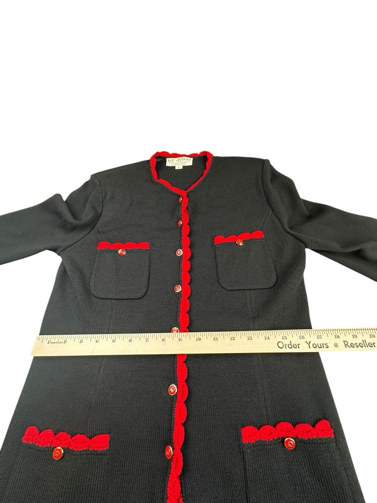 St. John Collection Black Knit Jacket Red Trim Santana Knit Women’s Small