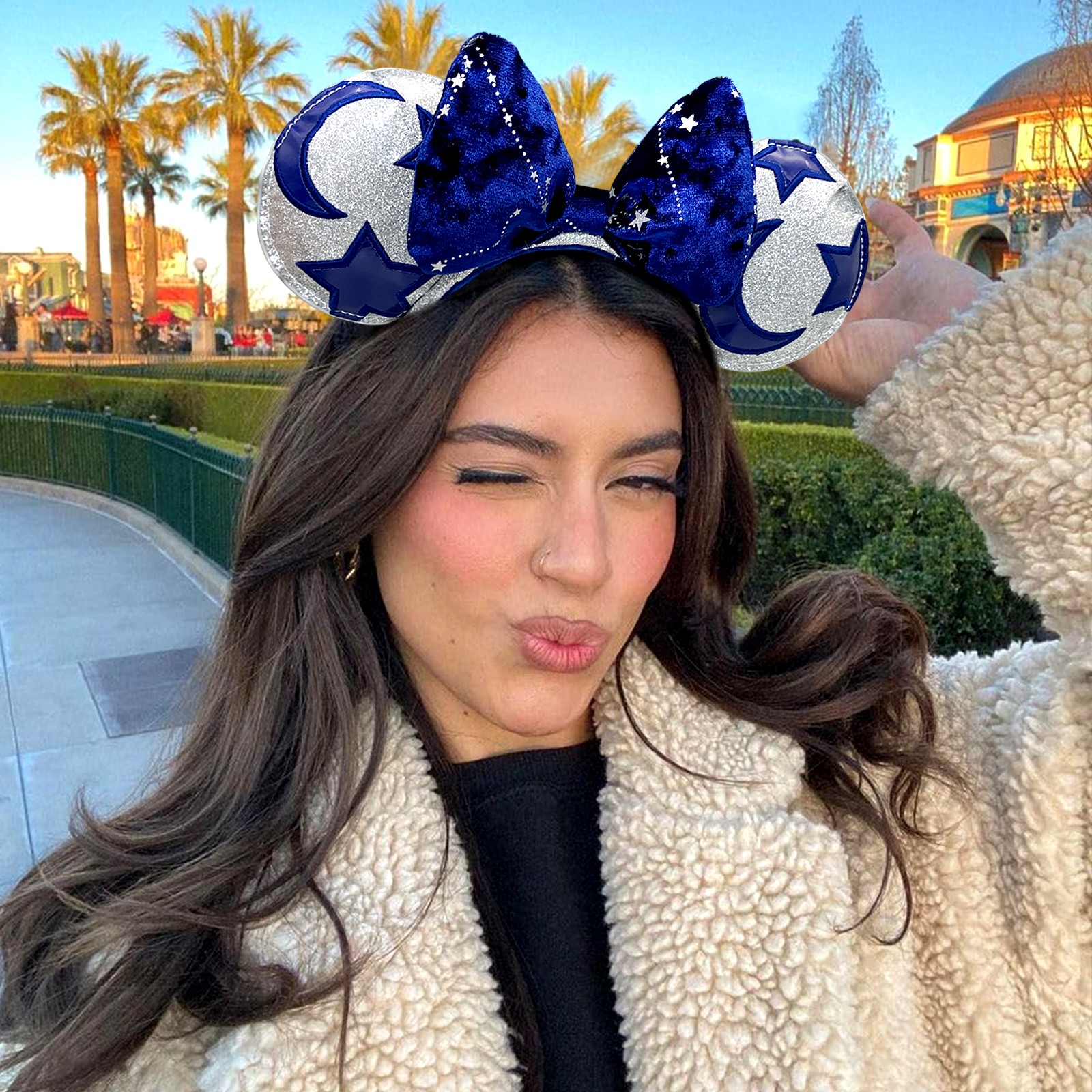 Disney-Parks Blue Celestial Velvet Mouse Ears Headband with Stars & Moon Glitter