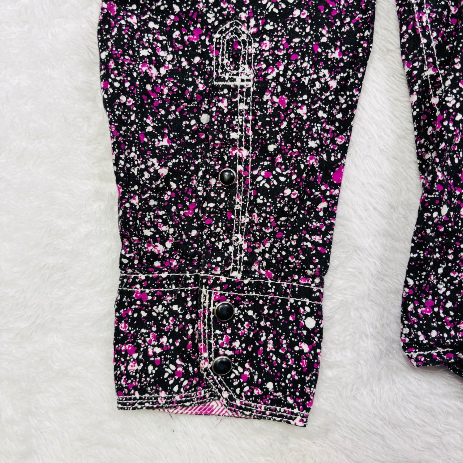 Wrangler 20X Western Shirt Men L Black Pink Paint Splatter Pearl Snap Flip Cuffs