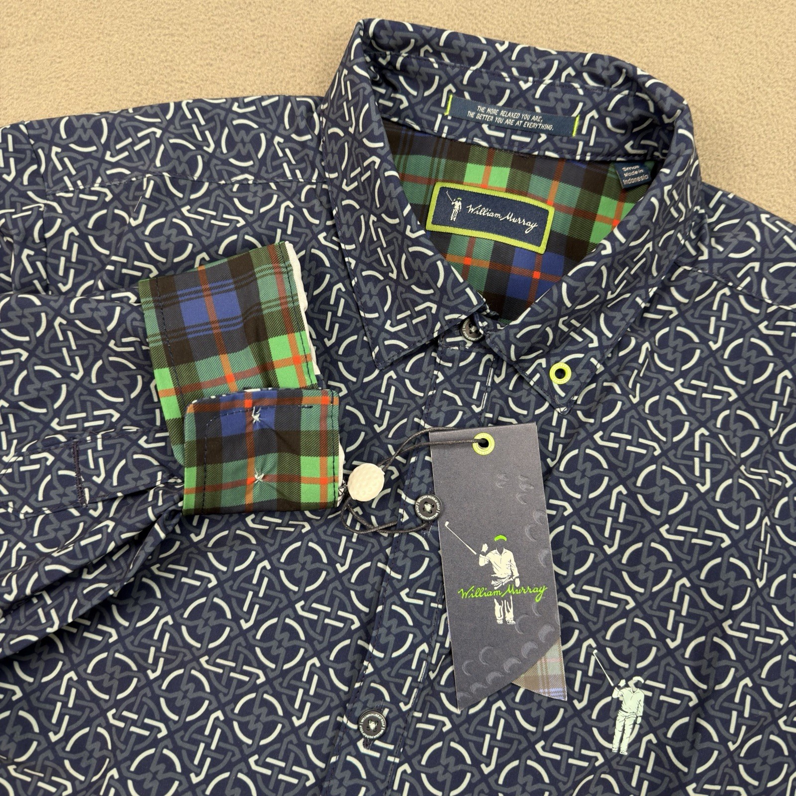 William Murray Golf Long Sleeve Mens Small Blue Geometric Flip Cuff Stretch NWT
