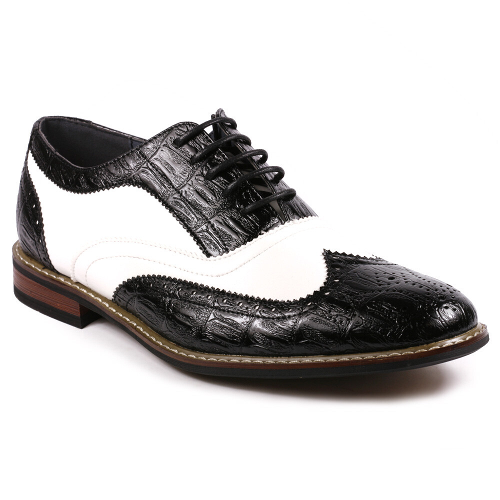 Black White Men’s Two Tone Perforated Wing Tip Lace Up Oxford Dress Shoes