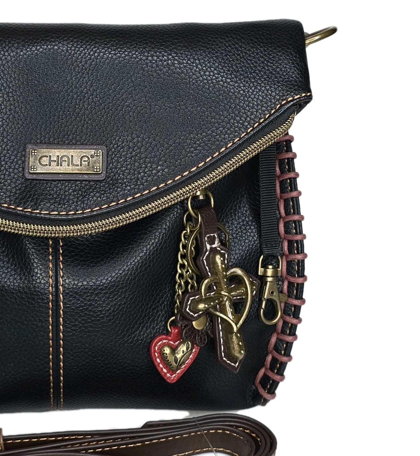 Chala Handbags Charming Crossbody Bag Flap Top Zipper Black + Cross Purse Charm