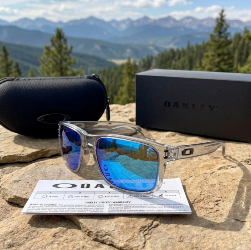 Oakley Holbrook Grey Smoke Clear Frame Blue Mirror Polarized Lens Sunglasses NEW