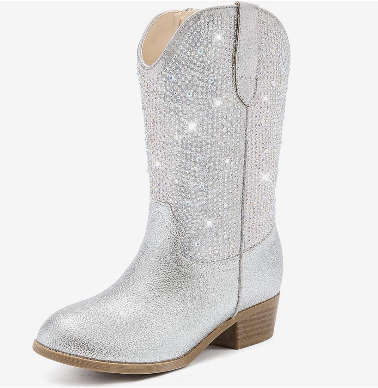 Girls Silver Western Cowgirl Pull-On Mid-Calf Boots Rhinestone Glitter 4
