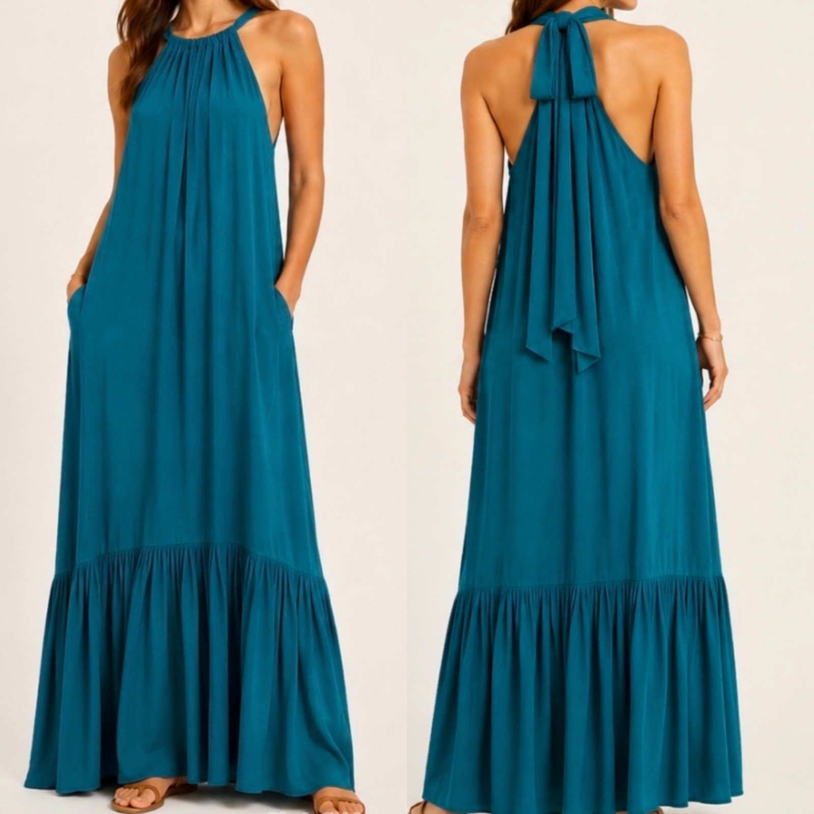 Banana Republic Teal Blue Halter Maxi Dress Tiered Ruffle Hem Pockets Size M