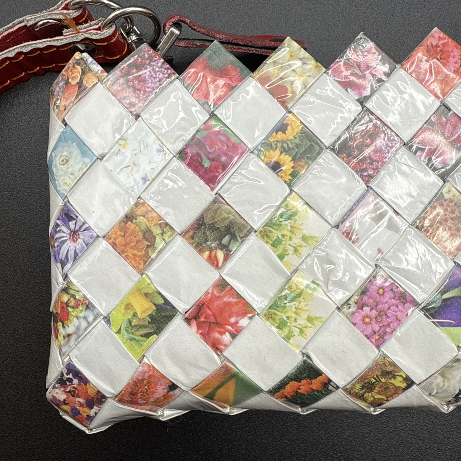 Nahui Ollin White And Floral Candy Wrapper Clutch Purse Wristlet Zip Top Woven