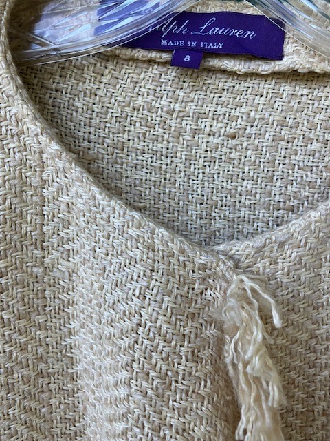 $1295. RALPH LAUREN PURPLE LABEL BEIGE BLOND LINEN FRINGED JACKET 8