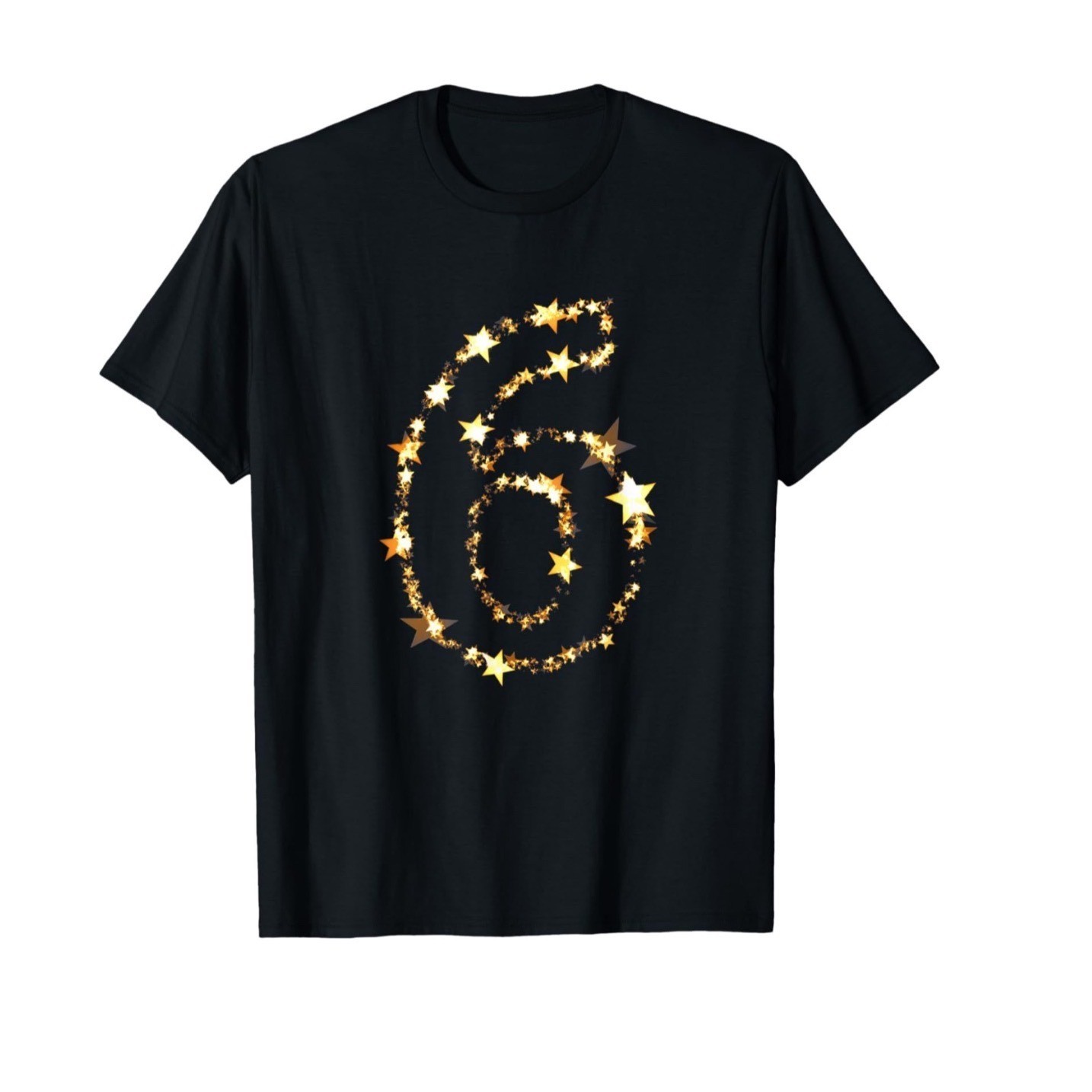 Number 6 Gold Stars Birthday Anniversary Graphic T-Shirt Black Small