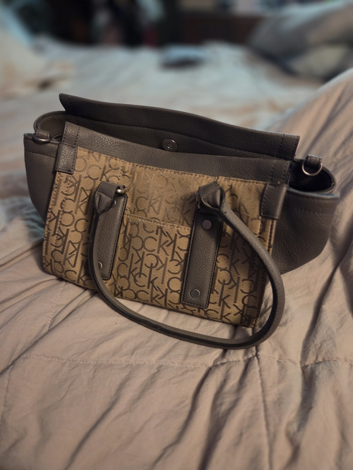 Calvin Klein CK Monogram Satchel Top Handle Bag Beige Brown Gold Hardware