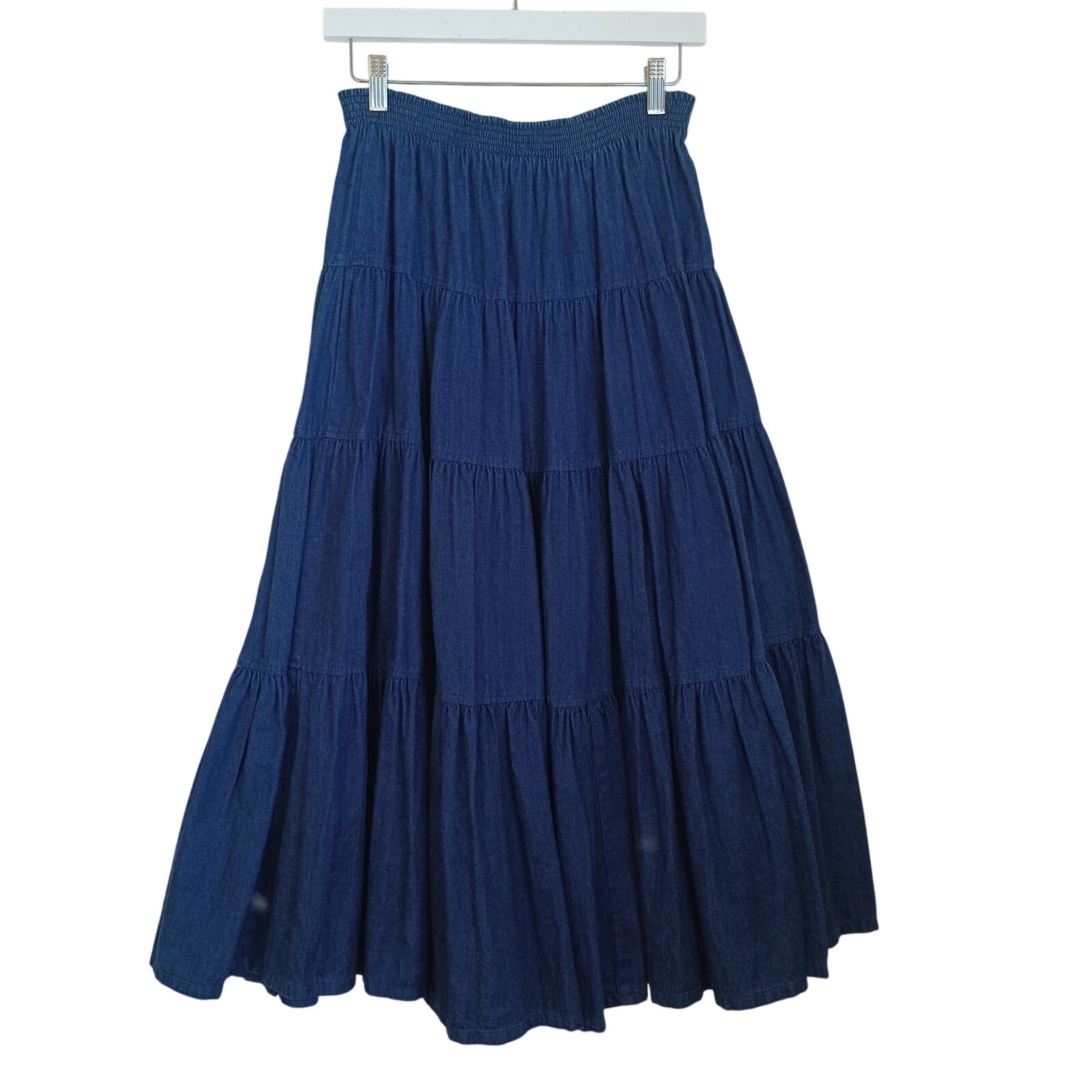 Willowbend Blue Denim Tiered Maxi Skirt Elastic Waist Made in USA Vintage Small