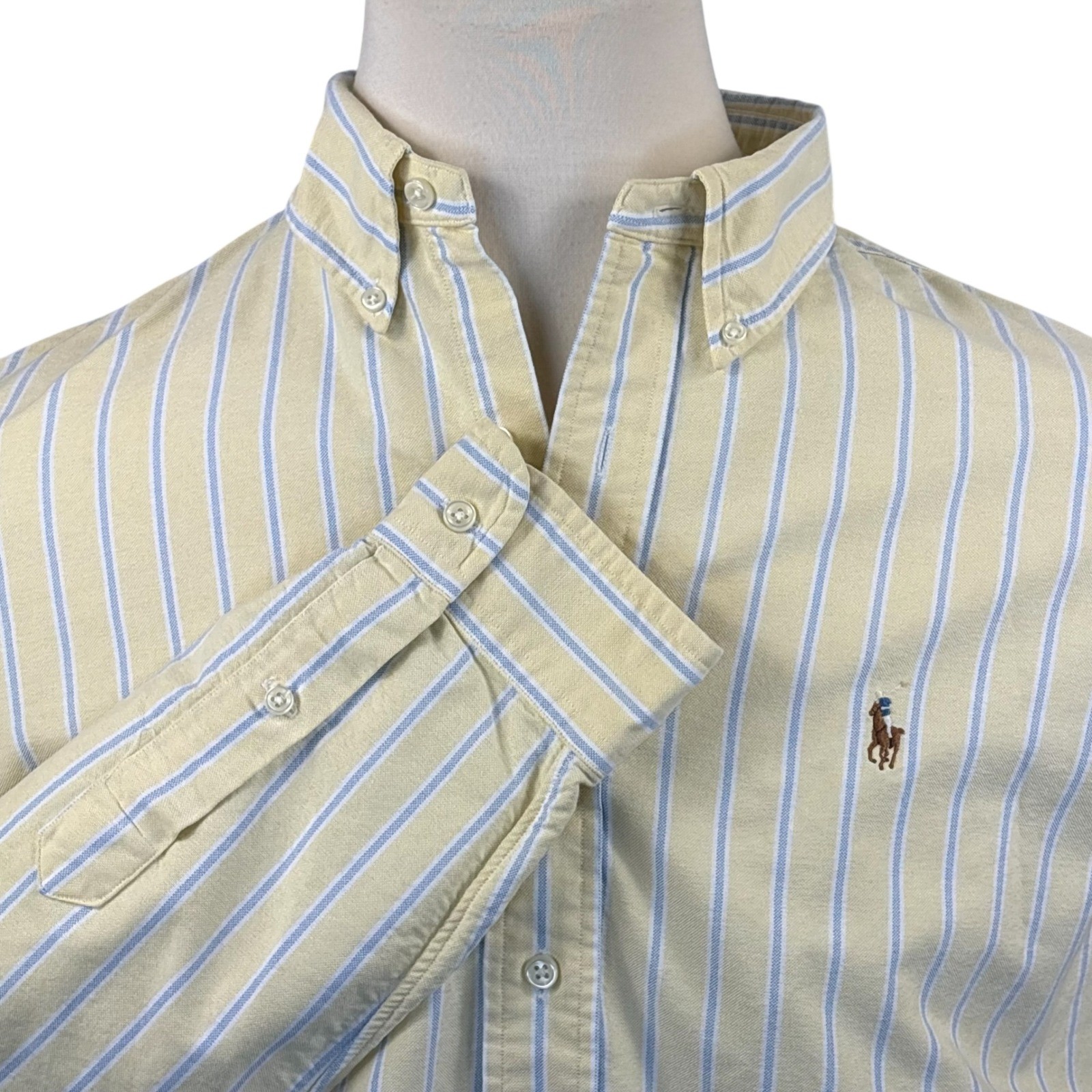 Ralph Lauren Mens Custom Fit Oxford Yellow Blue Stripe Flesh Pony XL Long Sleeve