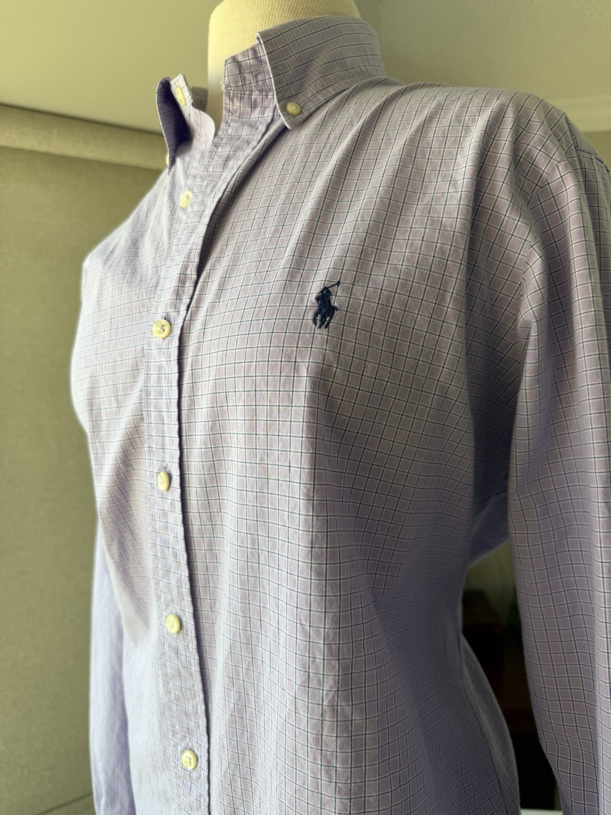 Ralph Lauren Custom Fit Shirt 16.5 34/35 Purple Blue Check Button Down Pony Logo