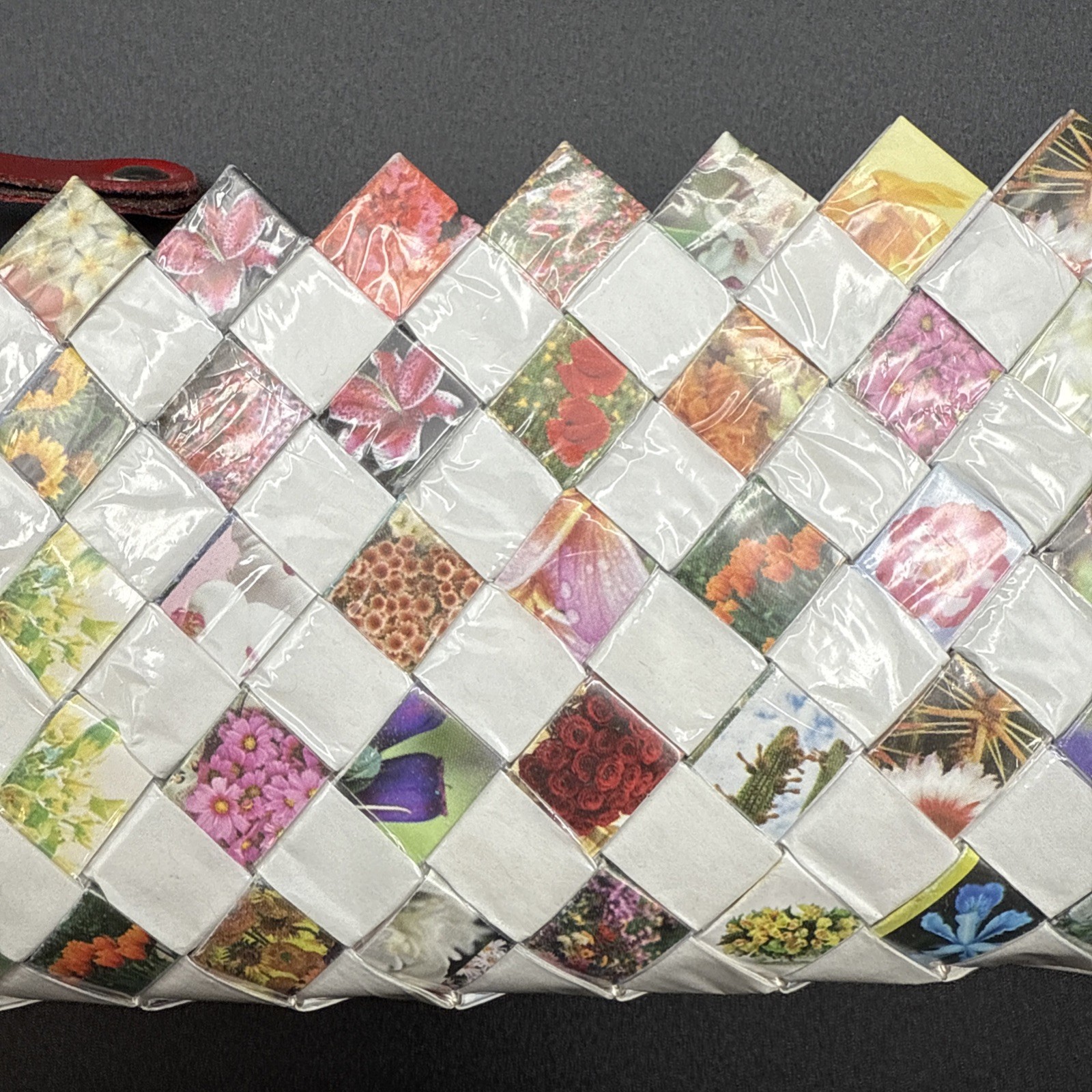 Nahui Ollin White And Floral Candy Wrapper Clutch Purse Wristlet Zip Top Woven
