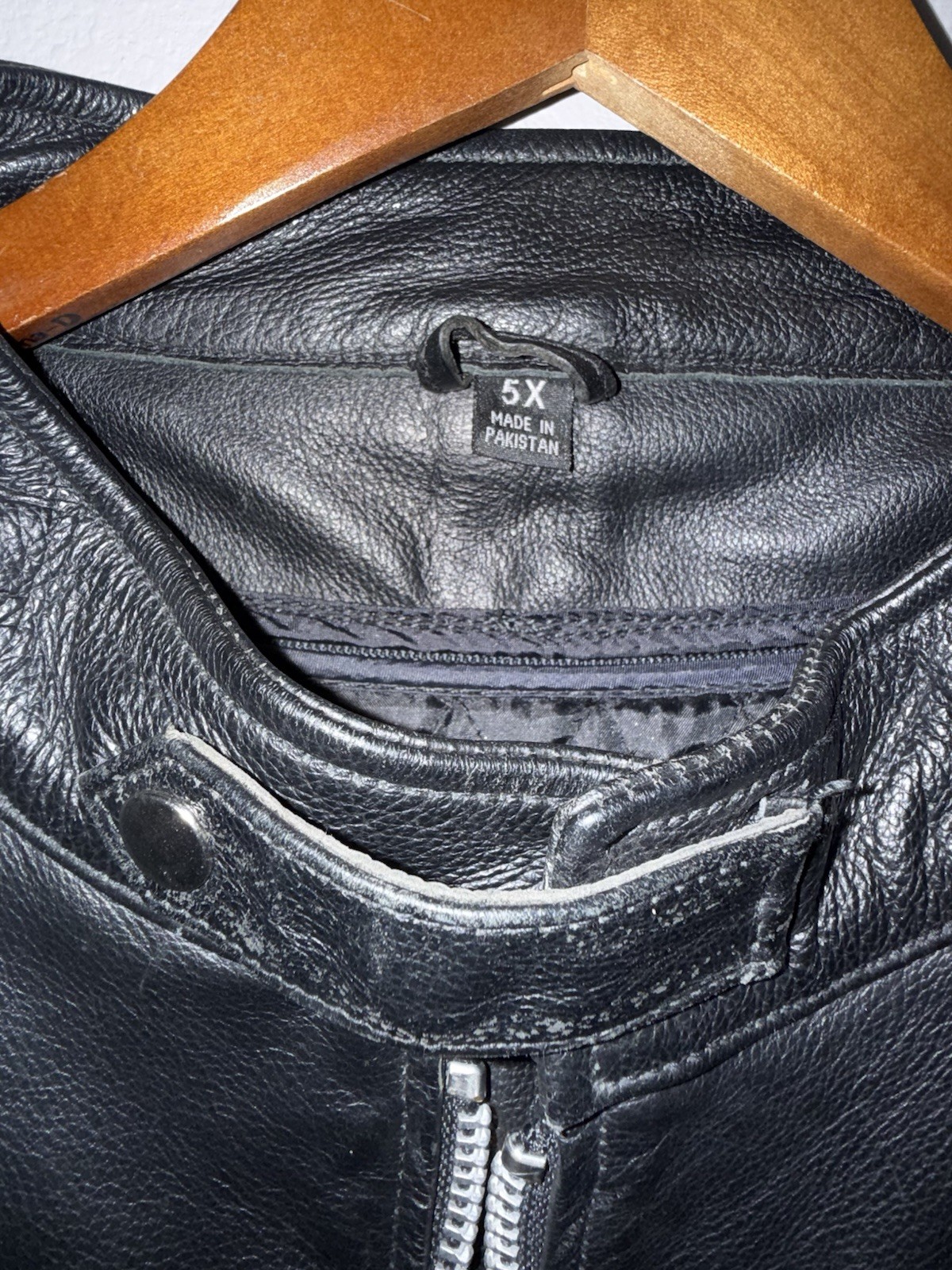 FMC Black Leather Motorcycle Jacket Zipper Pockets Blade Collar Mens 5X