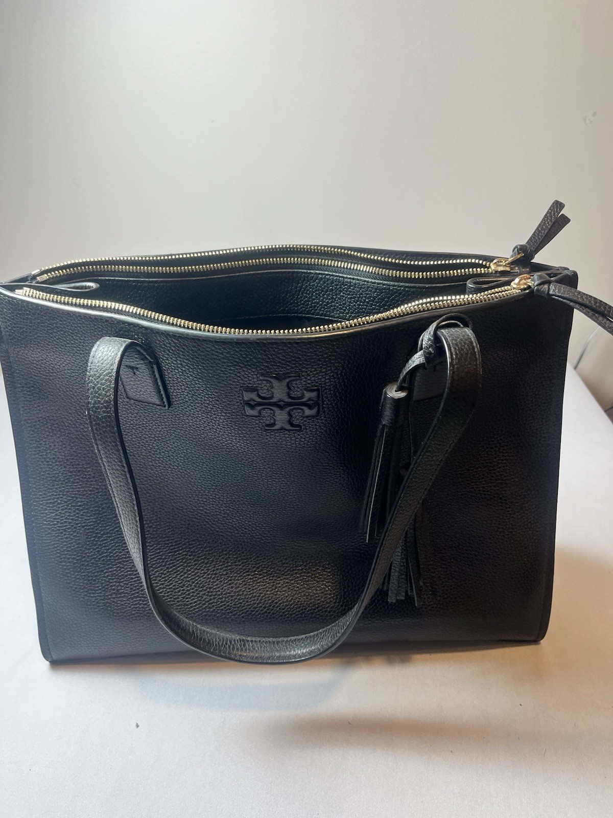 Tory Burch Black Satchel Zip Closure Tassel Logo Gold Hardware Detachable Strap